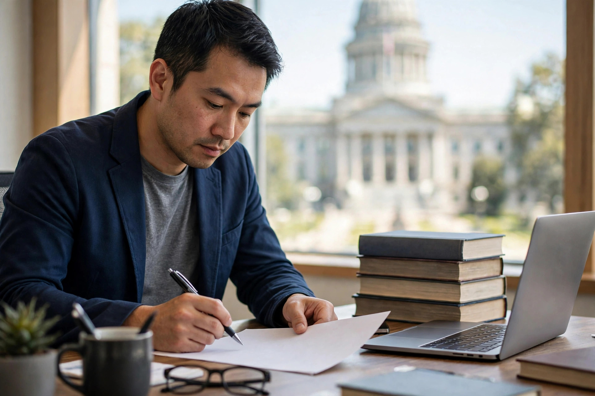 Business owner signing a funding contract at a desk with law books and a laptop, a domed state capitol building visible through the window