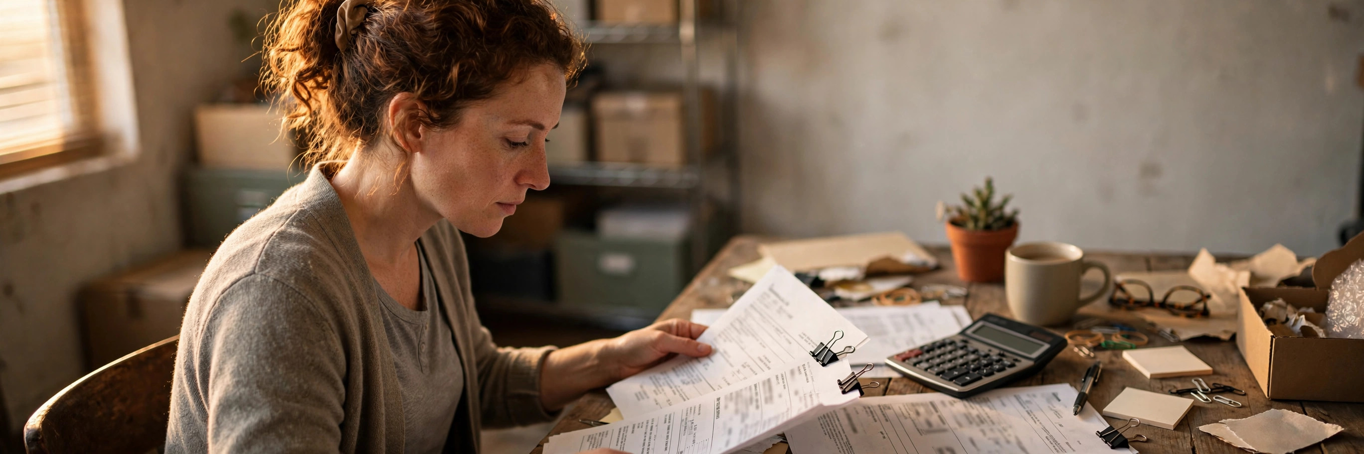 Small business owner reviewing bank statements and credit paperwork at a desk in a back office, calculator beside the papers