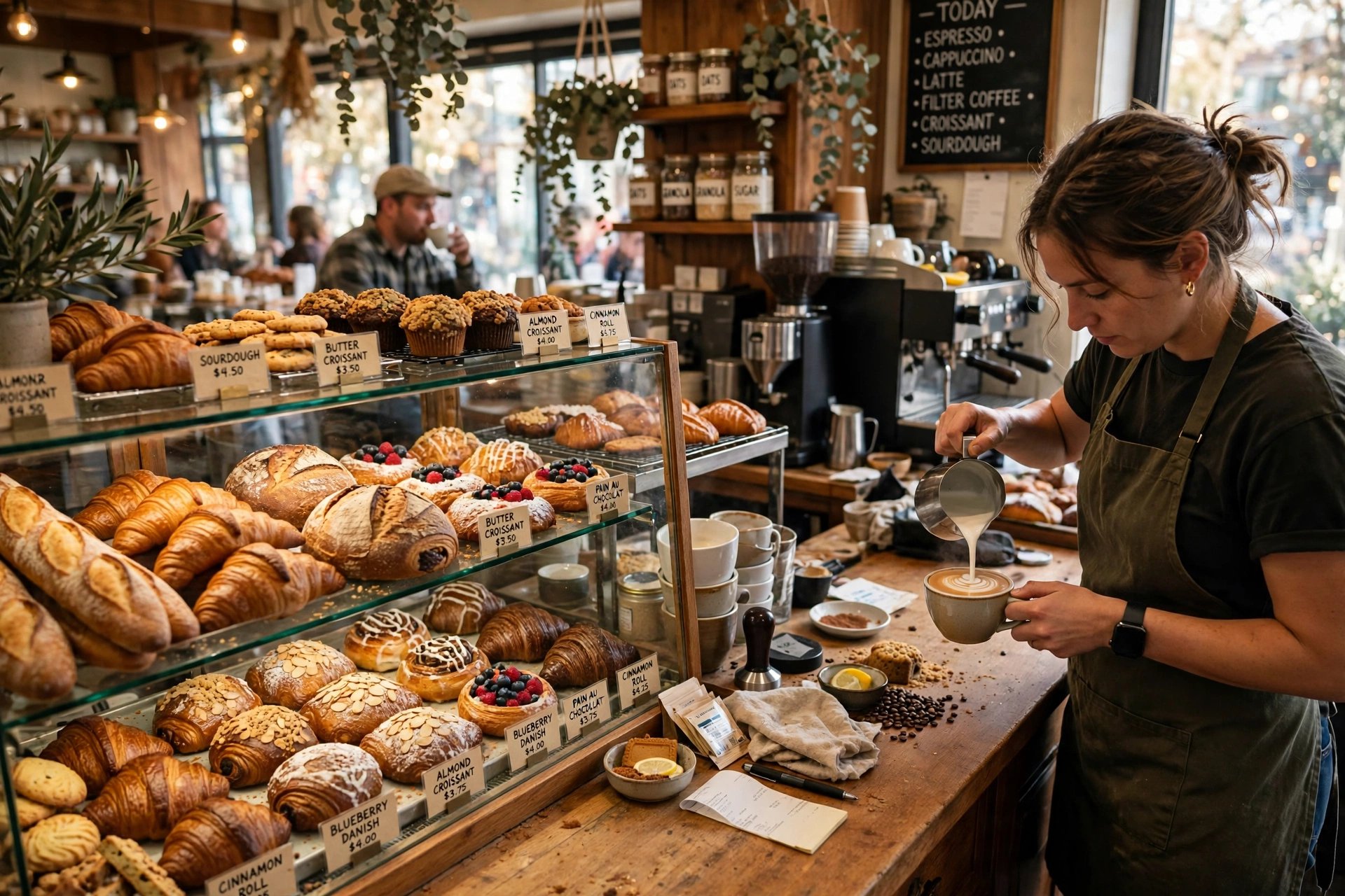 Inside a busy independent bakery cafe with a display case of breads and pastries and a barista pouring a latte
