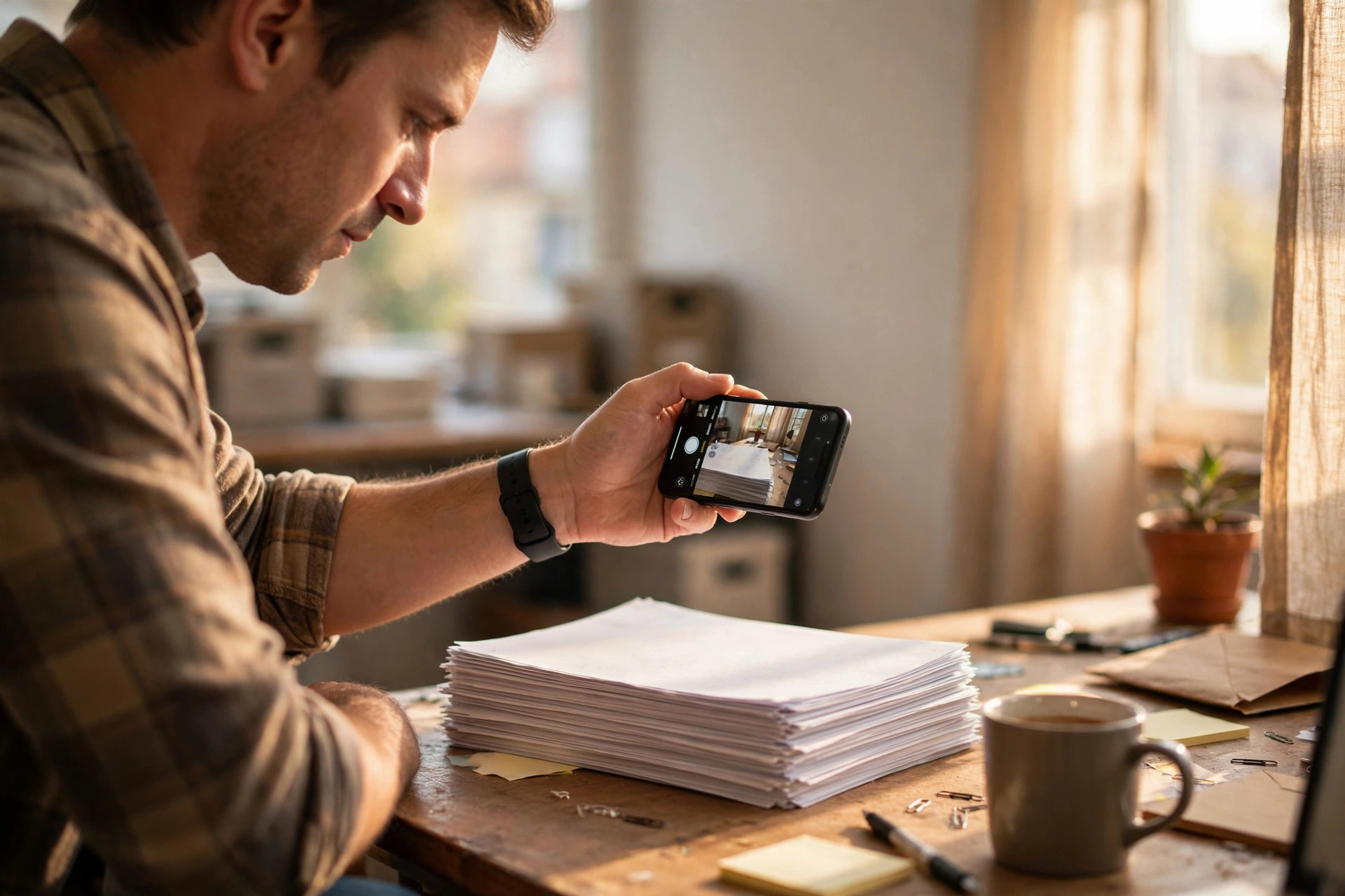 Small business owner using a smartphone to photograph a neat stack of bank statements on his office desk