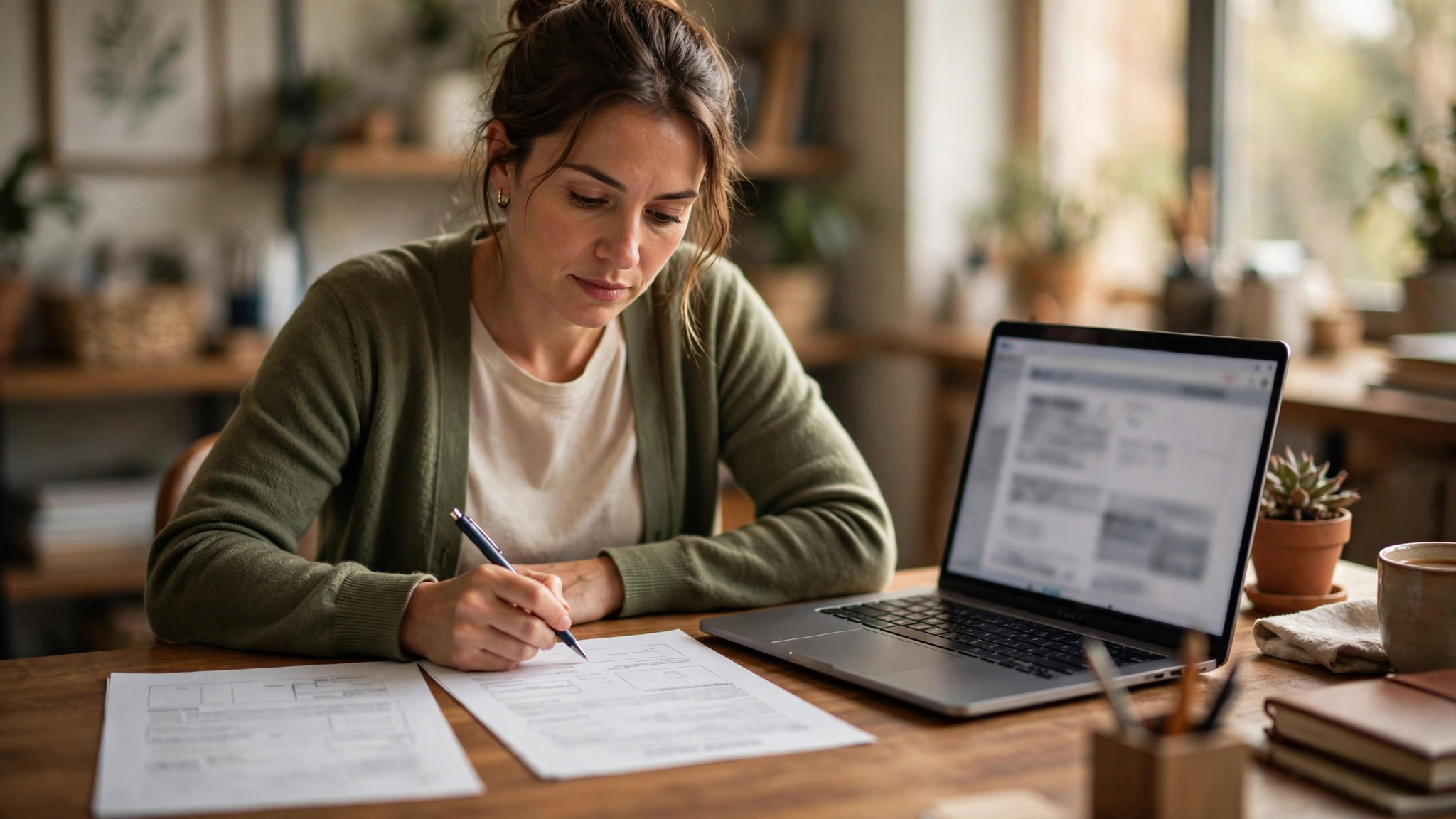 Small business owner comparing bank loan documents and a laptop with a fintech lender application at her office desk