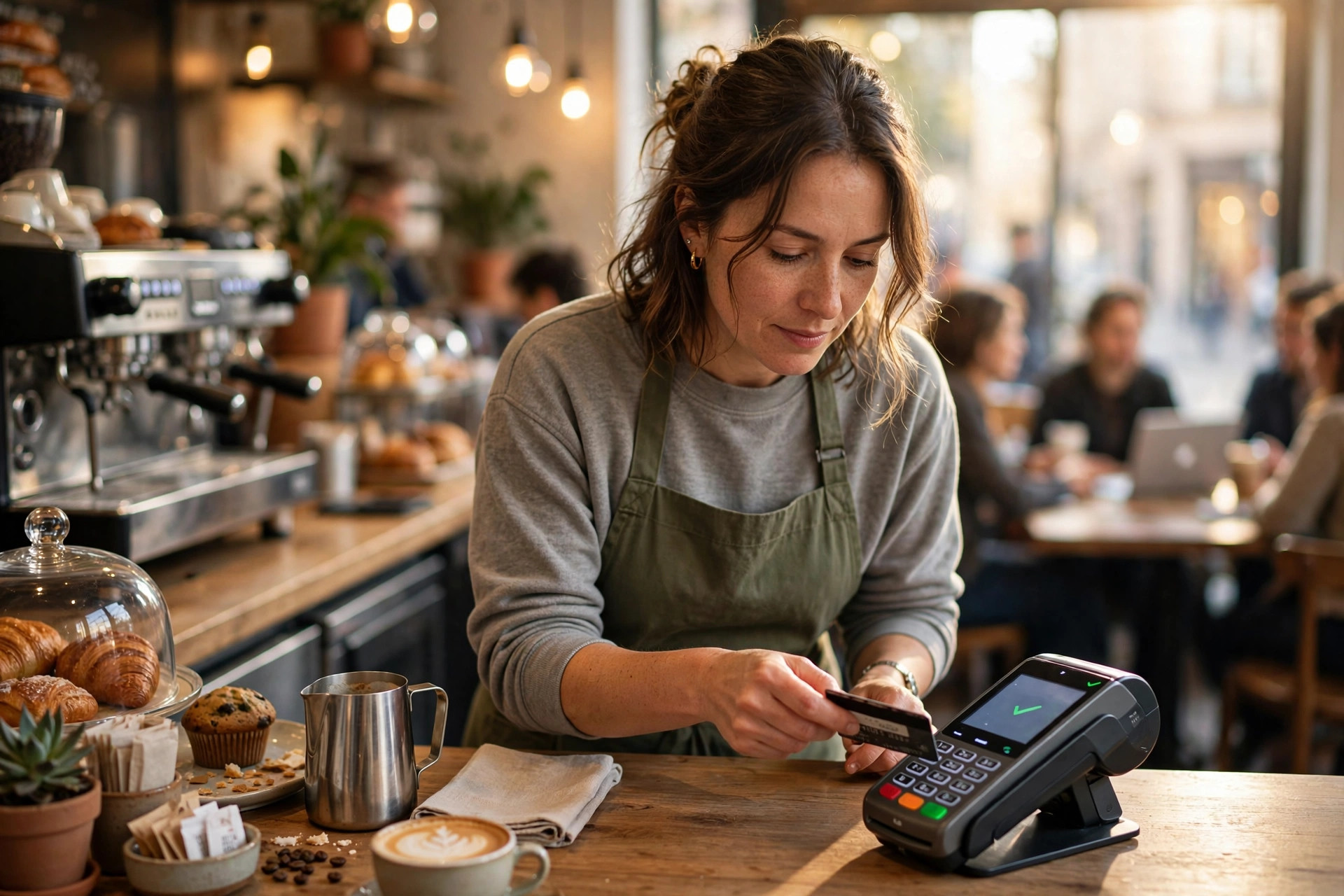 Small business owner at a cafe counter tapping a card on a modern payment terminal, morning light through the window