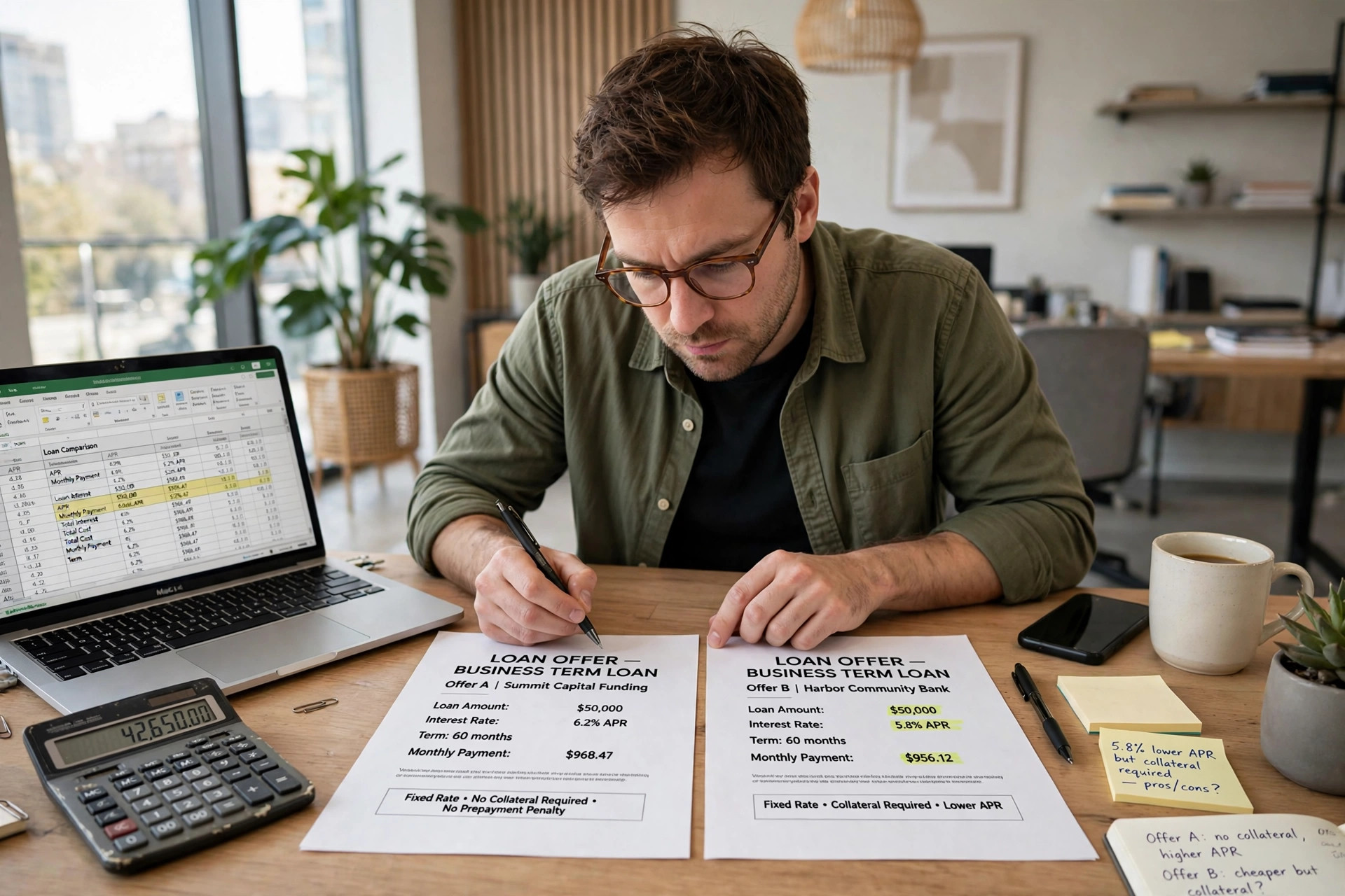 Small business owner comparing two business loan offer documents side by side at a desk, with a calculator and laptop nearby