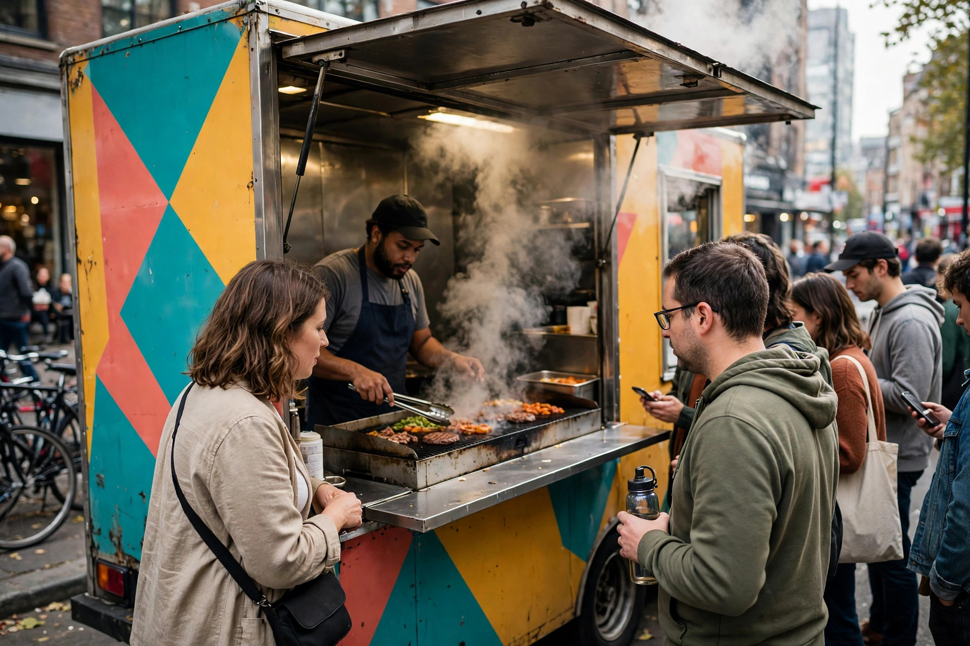 A food truck serving a lunch crowd on a city street, customers ordering at the window