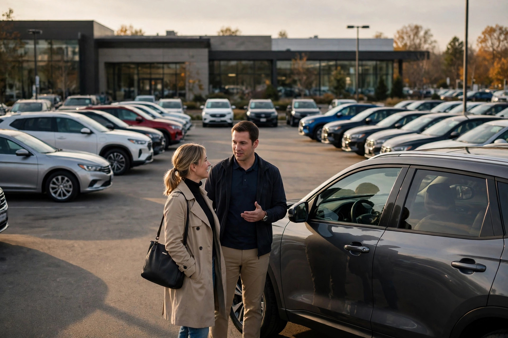 A car dealership lot at late afternoon light, rows of new and used cars, a salesperson talking with a customer beside one car