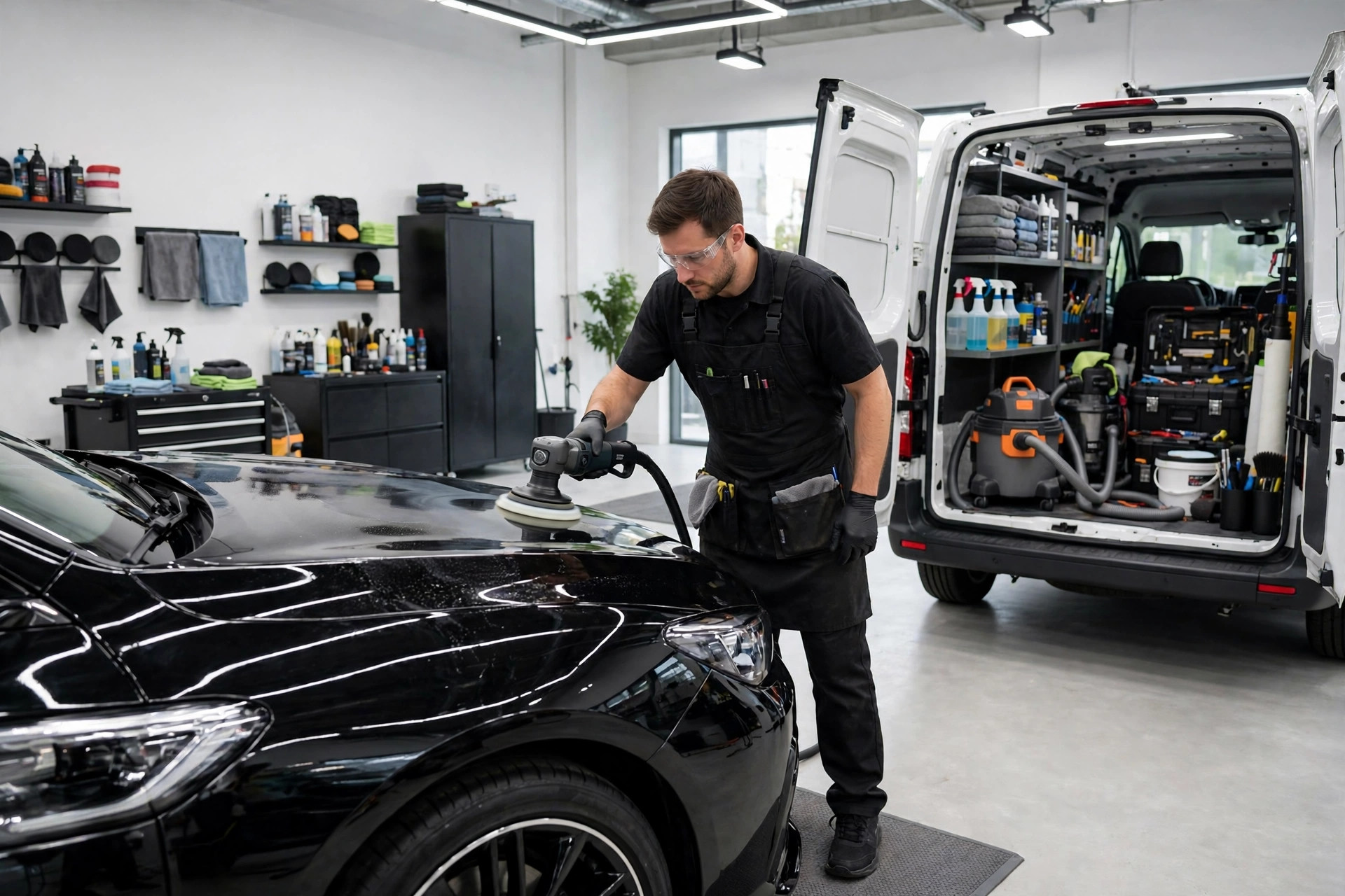 An auto detailing professional polishing a glossy black car in a bright modern detailing studio, with a detailing van nearby