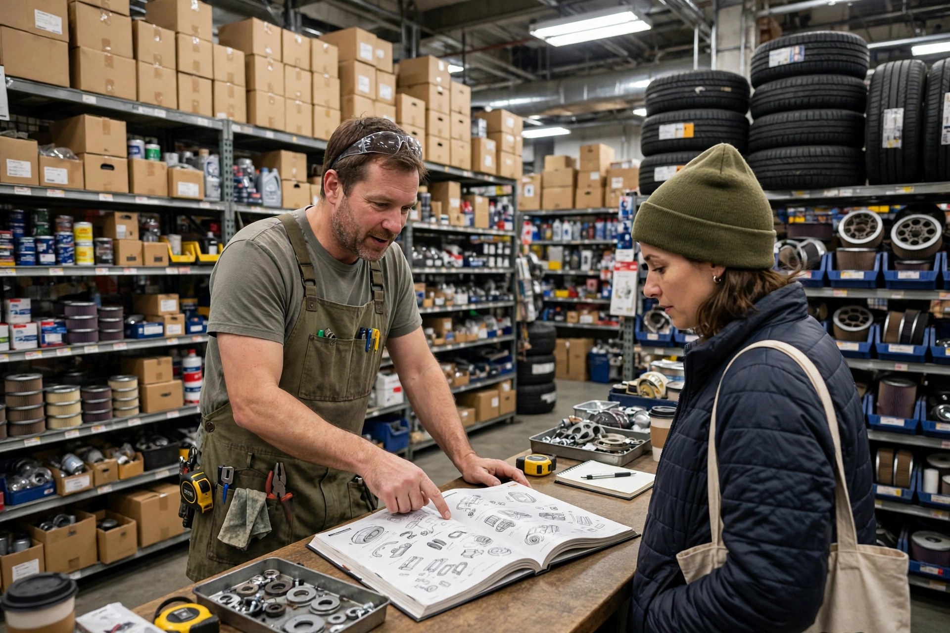 Auto parts store owner helping a customer at the counter with shelves of boxed parts behind them