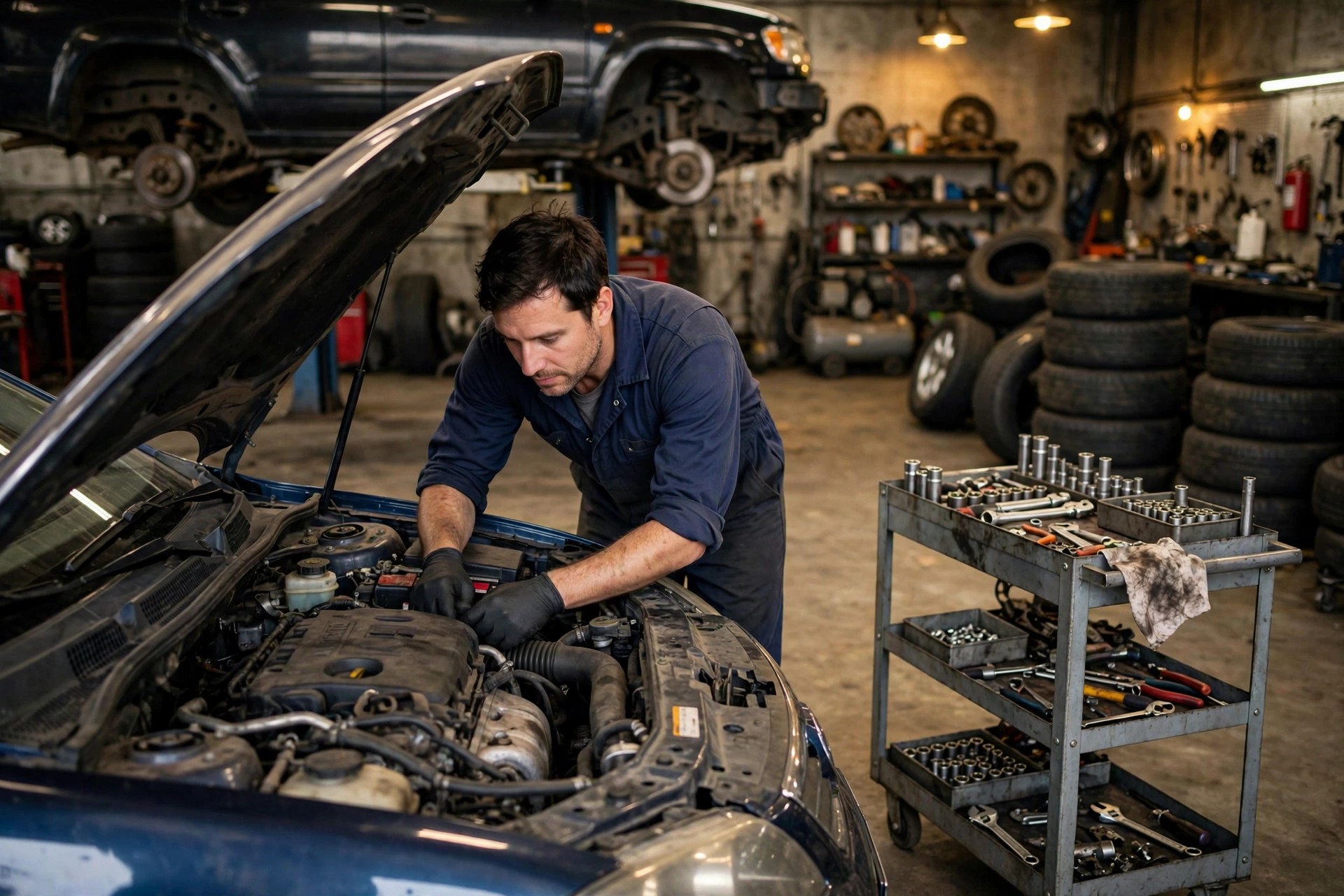 Mechanic working on a car engine with the hood open in an auto repair shop, with a vehicle on a lift, stacked tires, and a rolling tool cart nearby