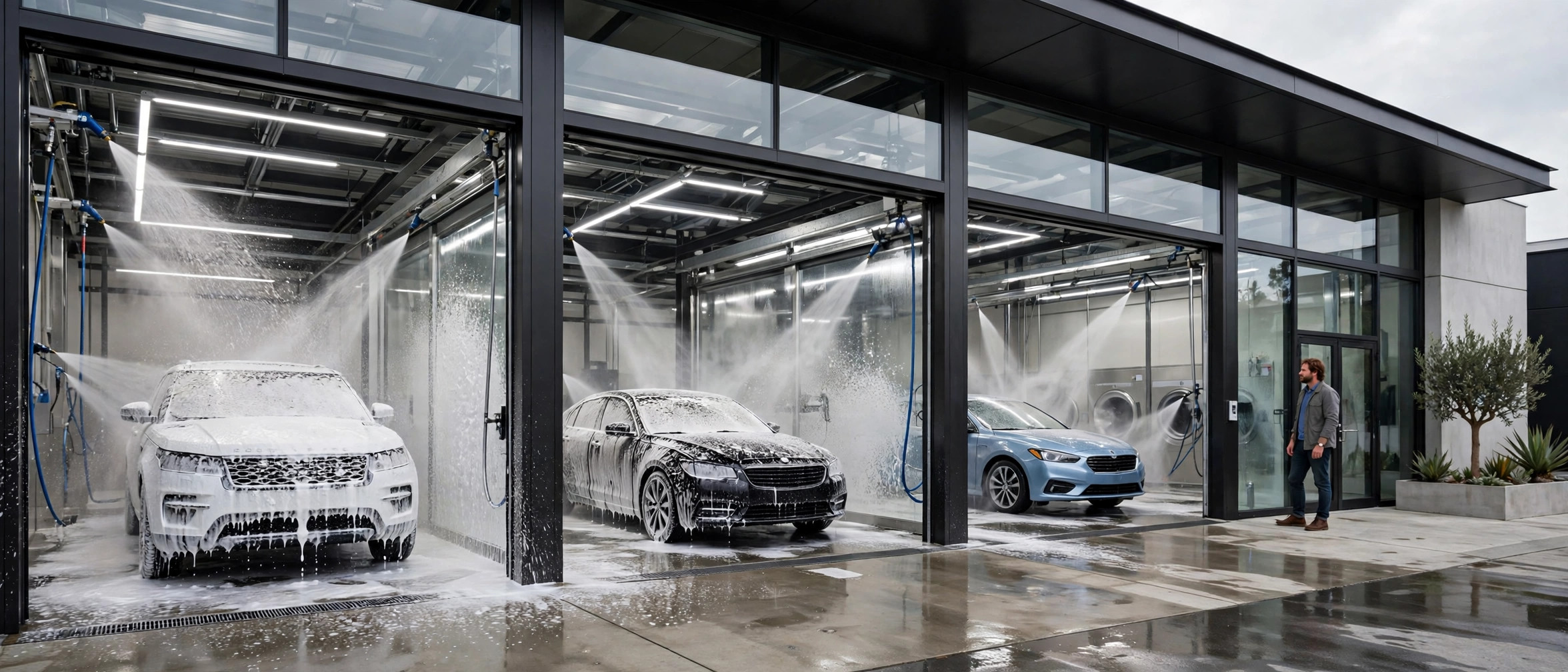 A modern car wash tunnel exterior with clean cars and bright bays