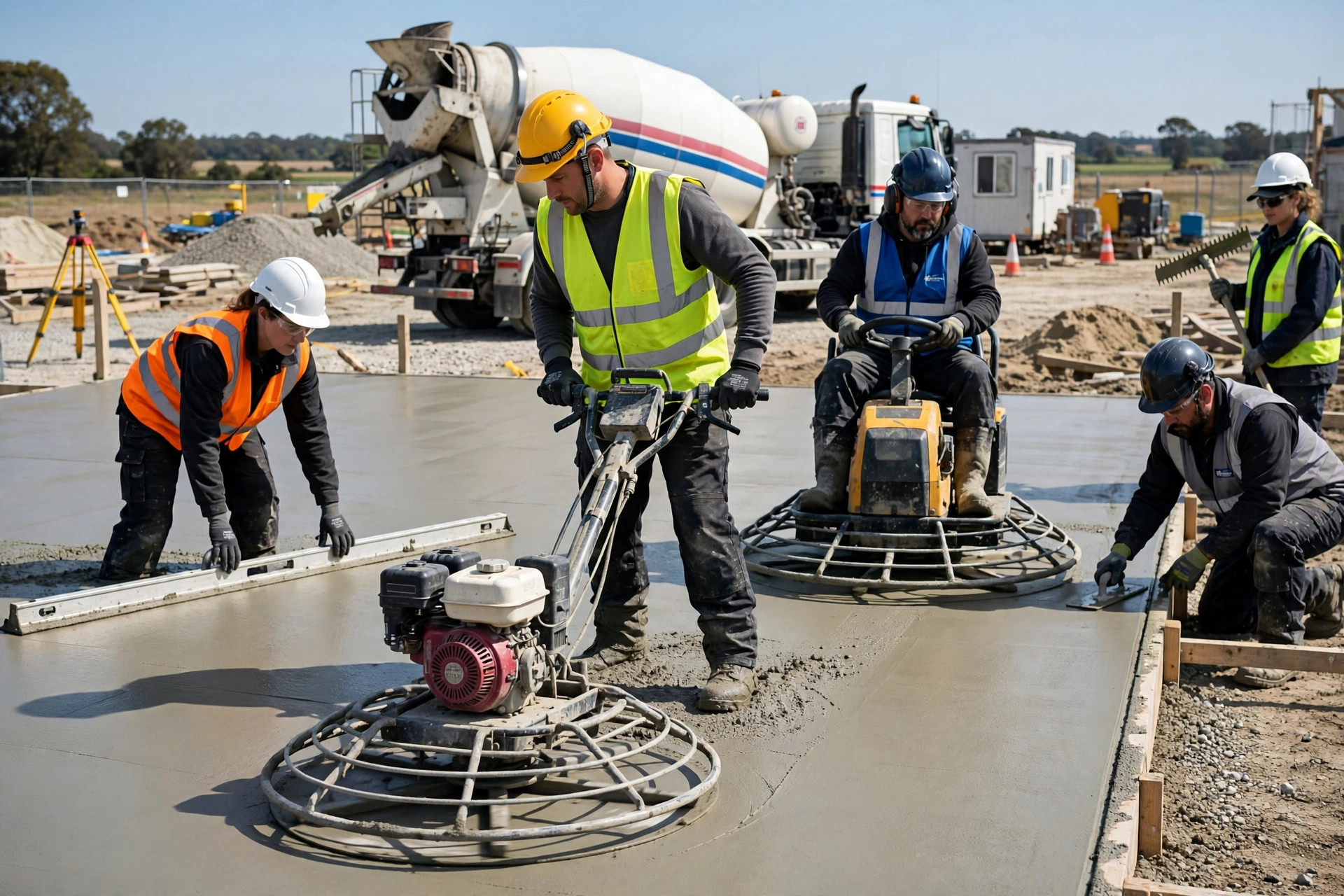 A concrete contractor crew in work gear finishing a large fresh concrete slab with power trowels, with a concrete mixer truck in the background