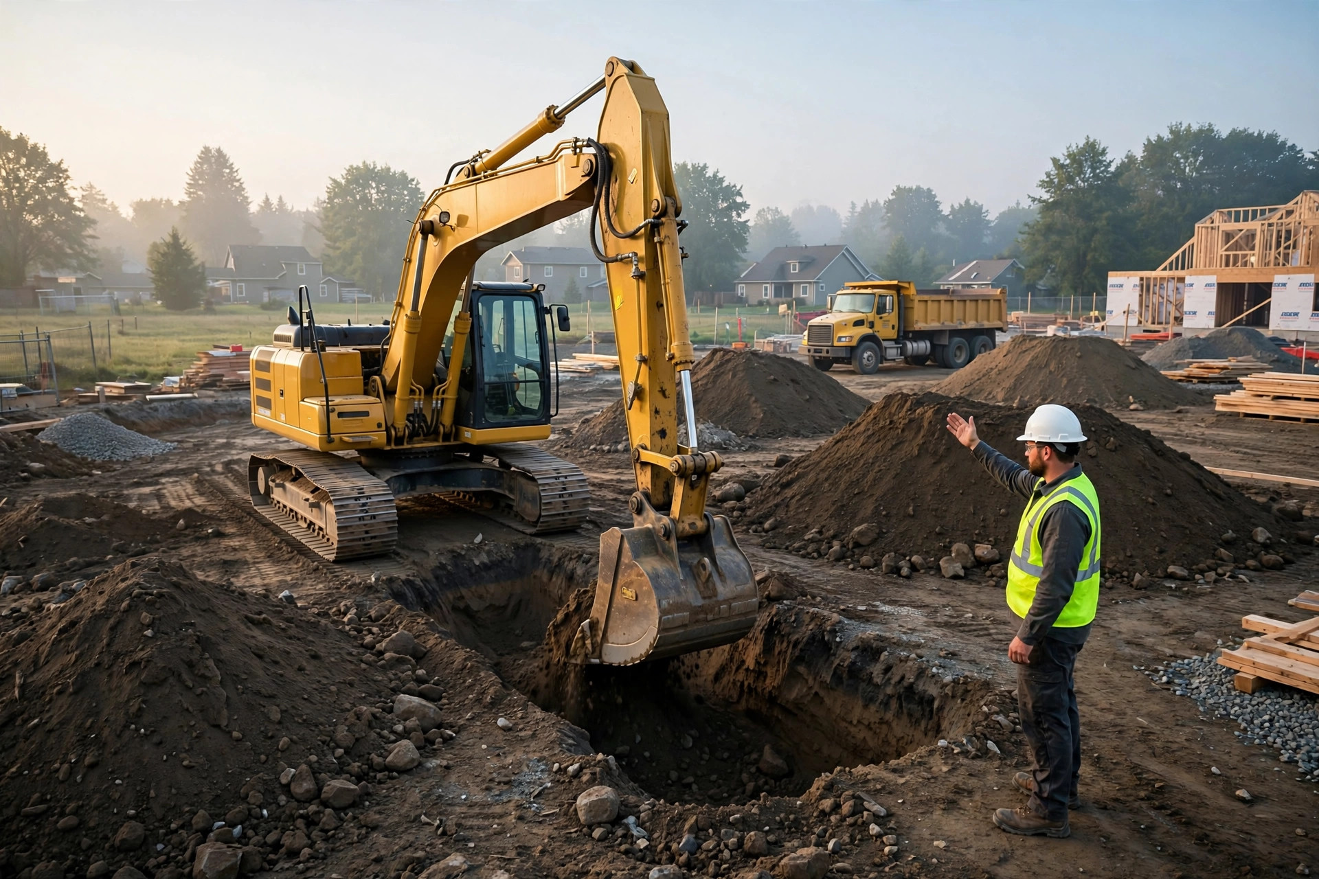 Yellow mid-size excavator digging a foundation trench on a residential construction site at morning light, operator in a hard hat guiding the work