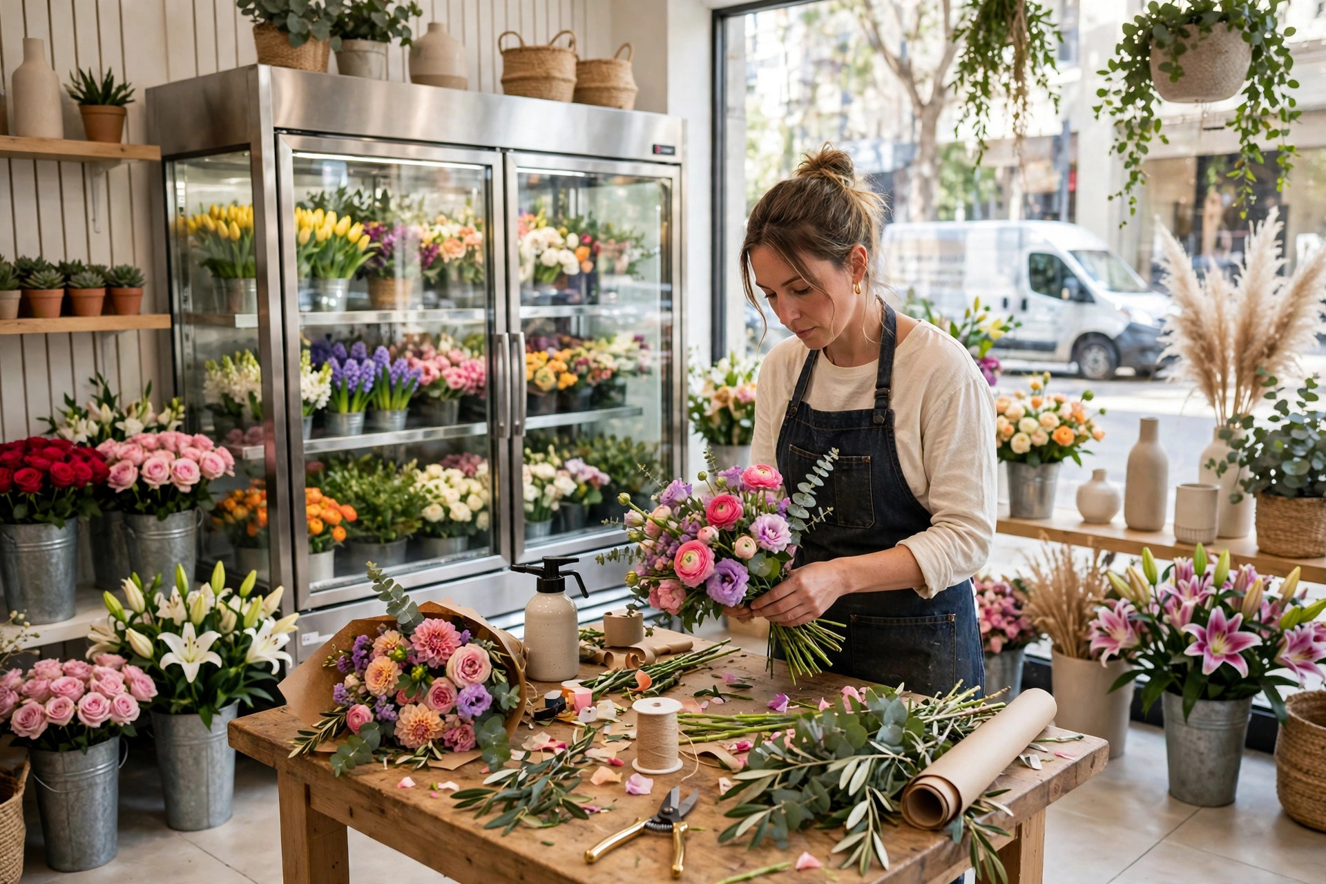 A florist arranging colorful fresh bouquets inside a bright modern flower shop with a glass display cooler