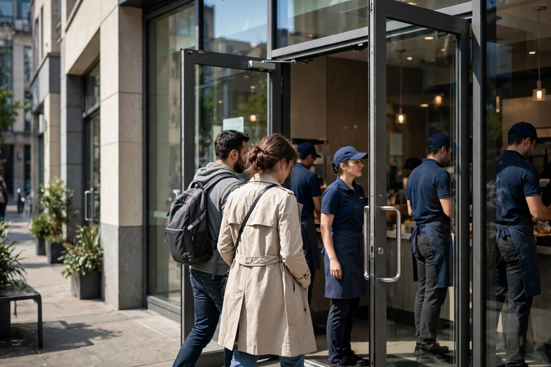 Customers entering a franchised quick-service restaurant storefront with uniformed staff visible through the glass entrance