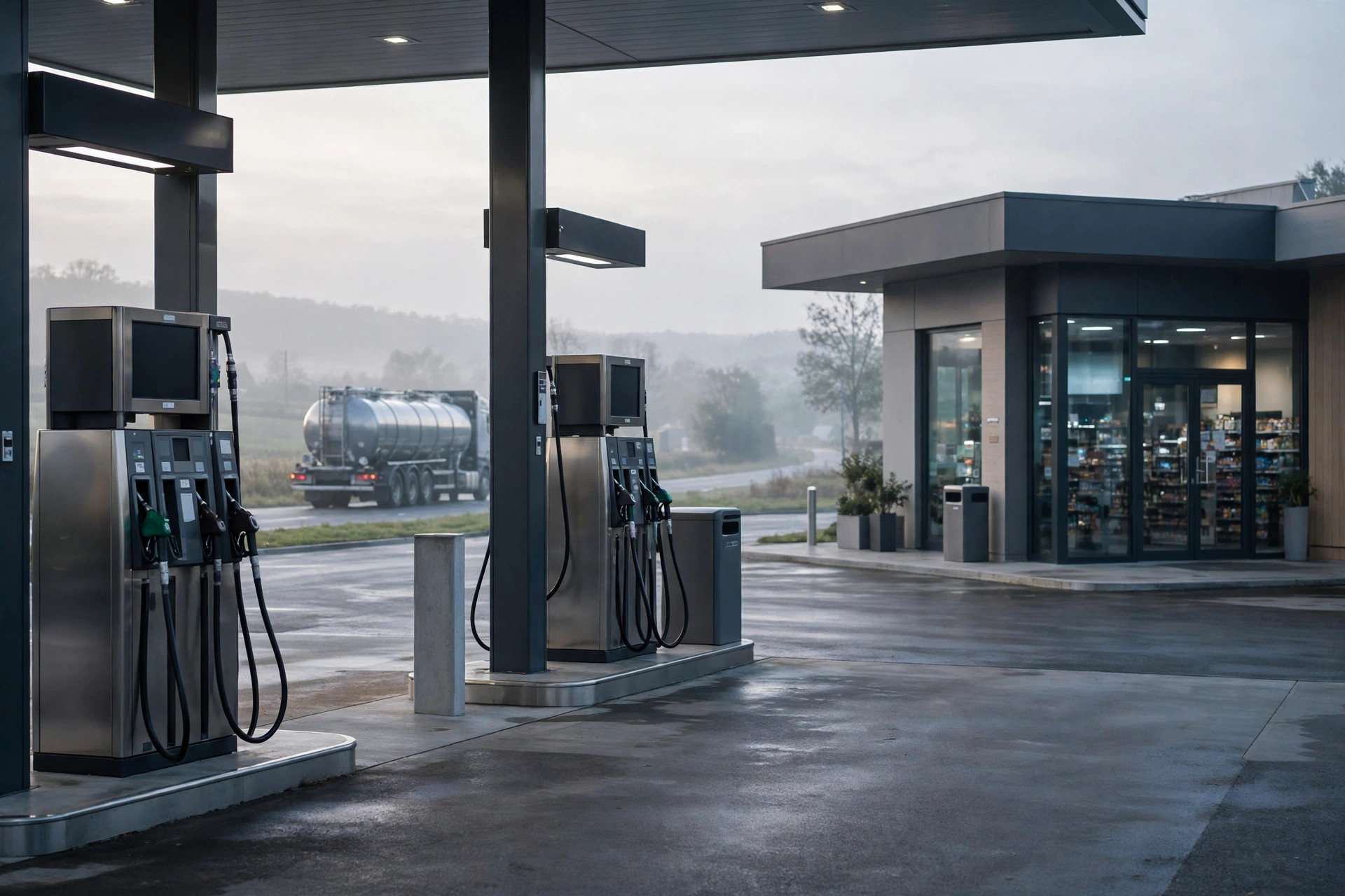 A modern independent gas station forecourt at early morning light, fuel pumps in the foreground and a small convenience store behind them