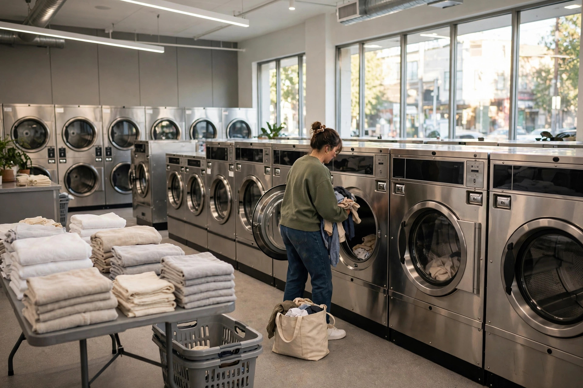 Rows of stainless steel commercial washers and dryers inside a bright modern laundromat