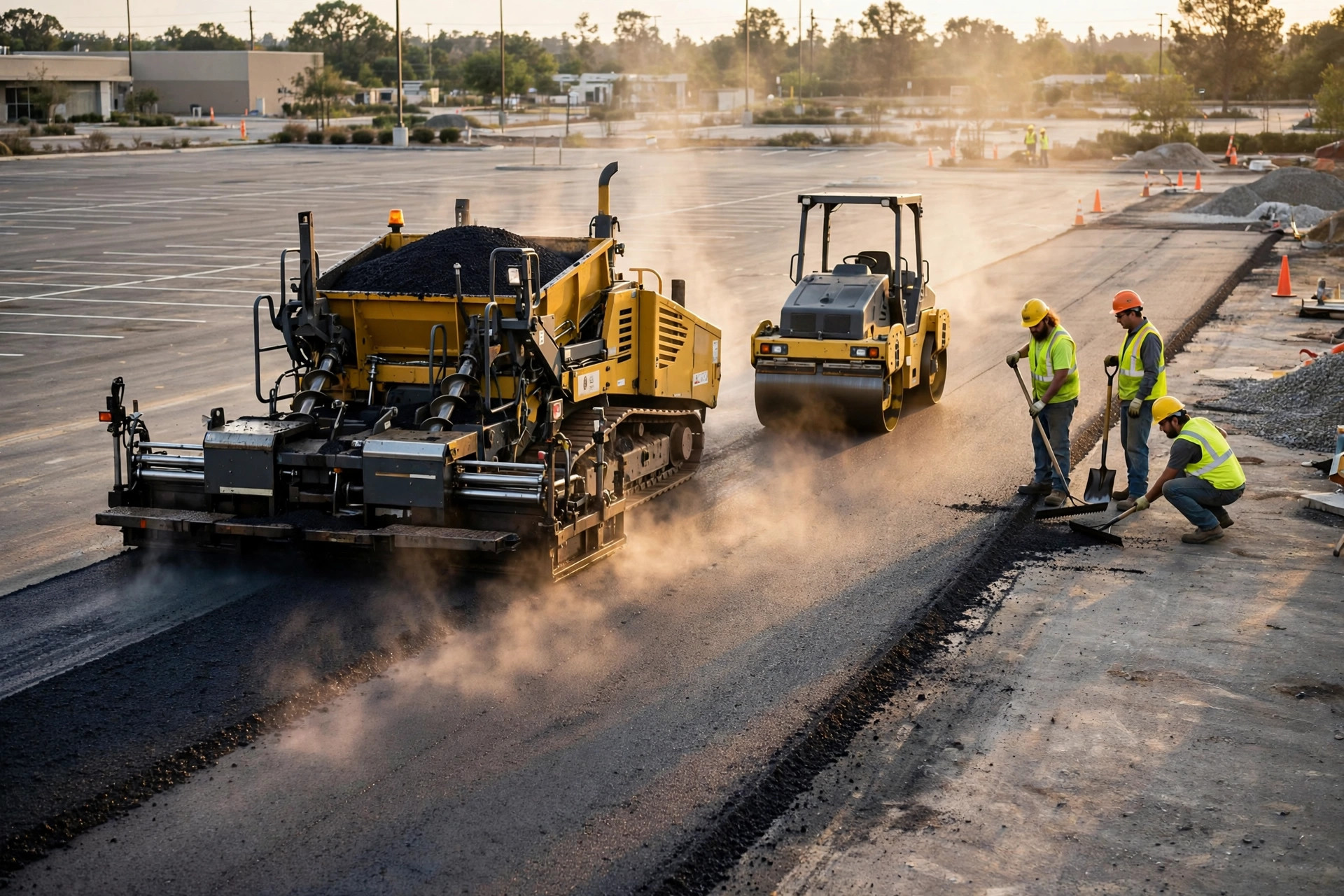 Asphalt paver laying a fresh strip of black asphalt on a commercial parking lot, vibratory roller following behind, crew in hard hats and high-visibility vests