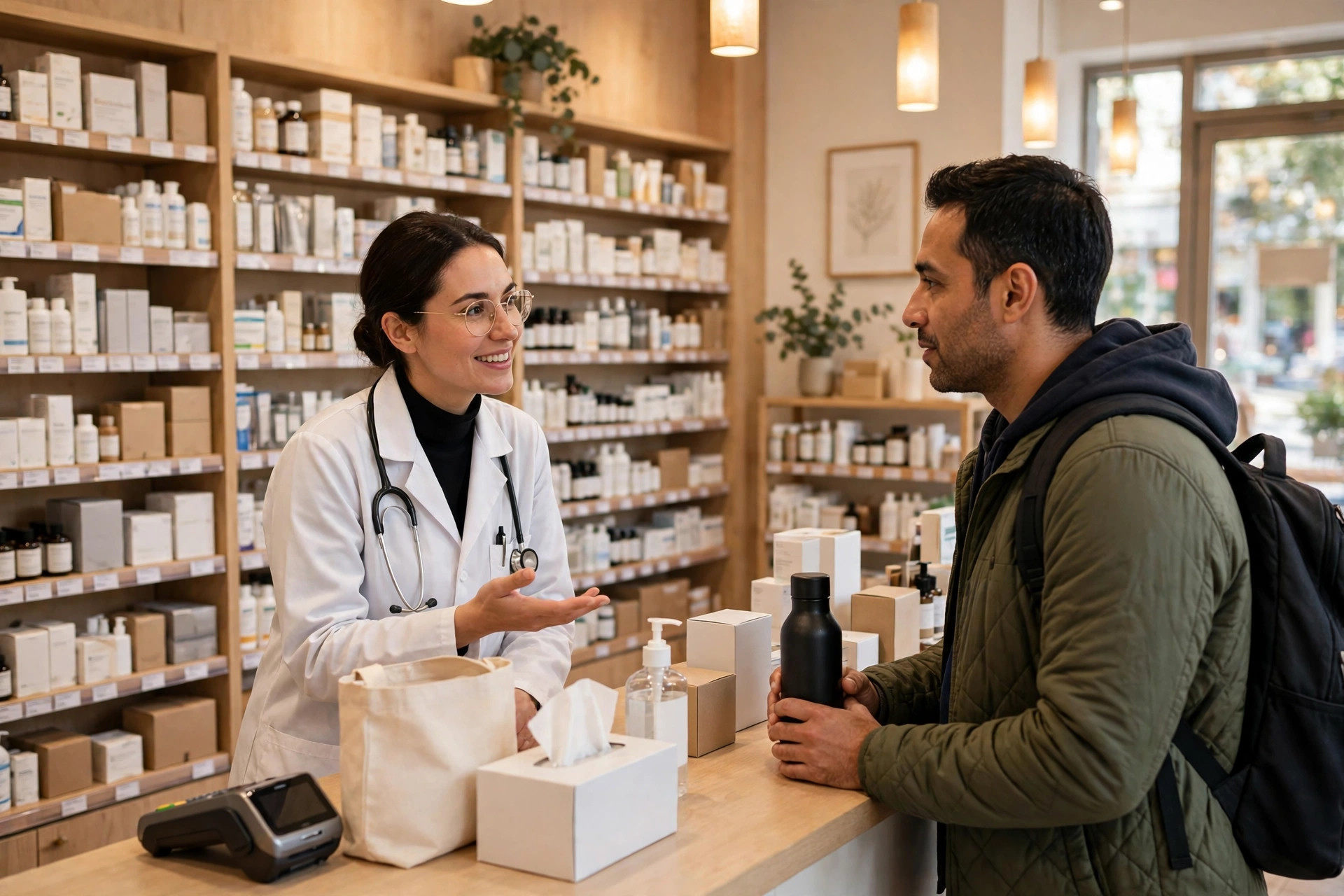 A pharmacist consulting a customer at the counter of a bright modern independent pharmacy