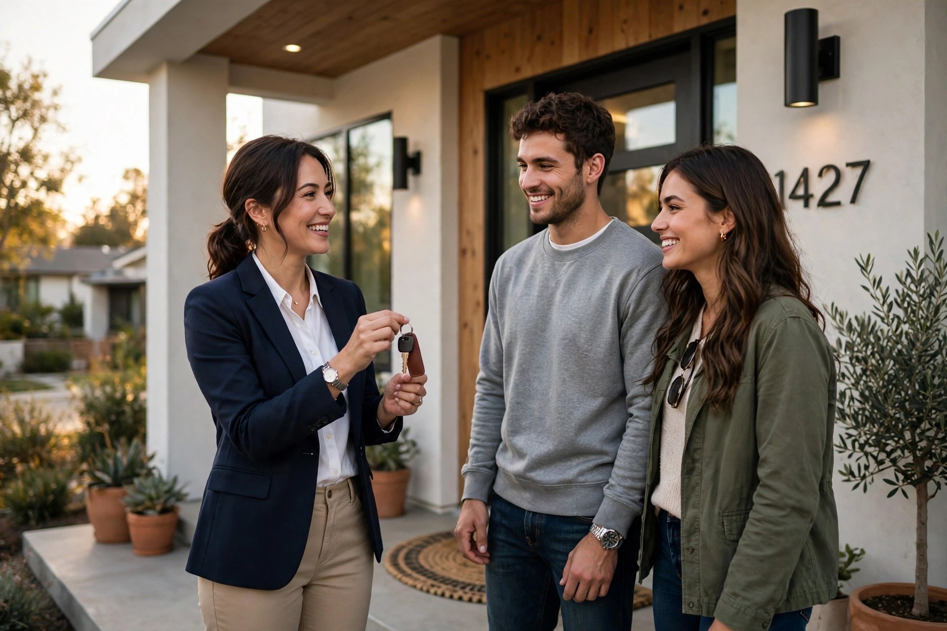 Real estate agent showing a bright modern house to a couple on the front porch