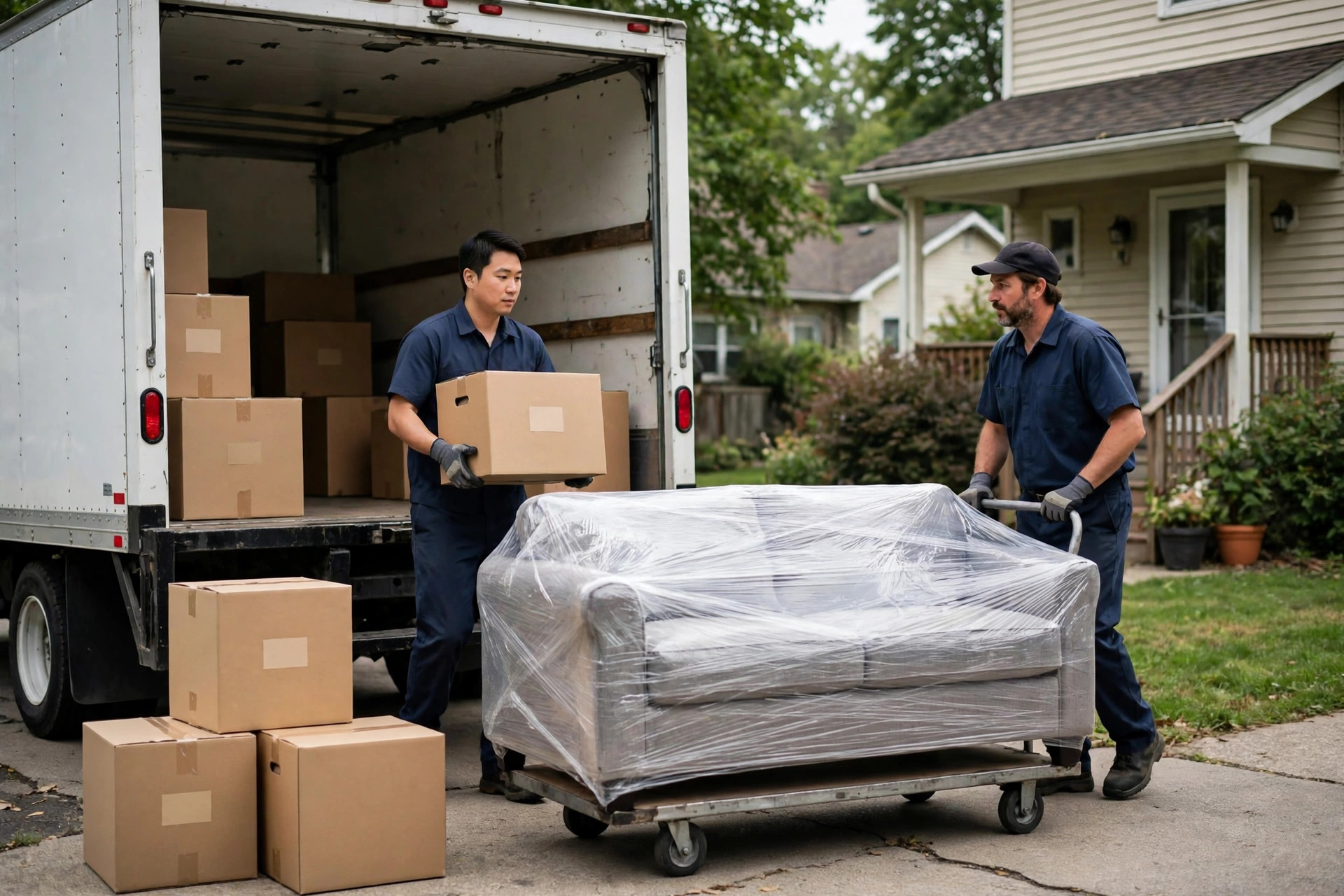 Professional movers loading boxes and a wrapped sofa into a white box truck outside a house