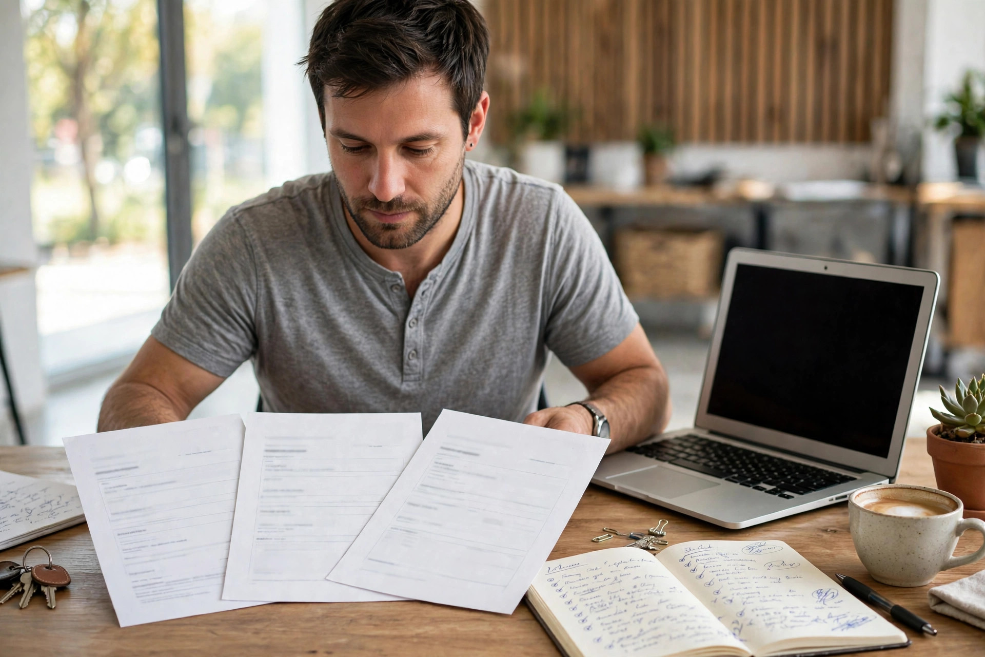 Business owner comparing three printed loan offer documents spread across a desk, with a laptop, notebook, and coffee beside them