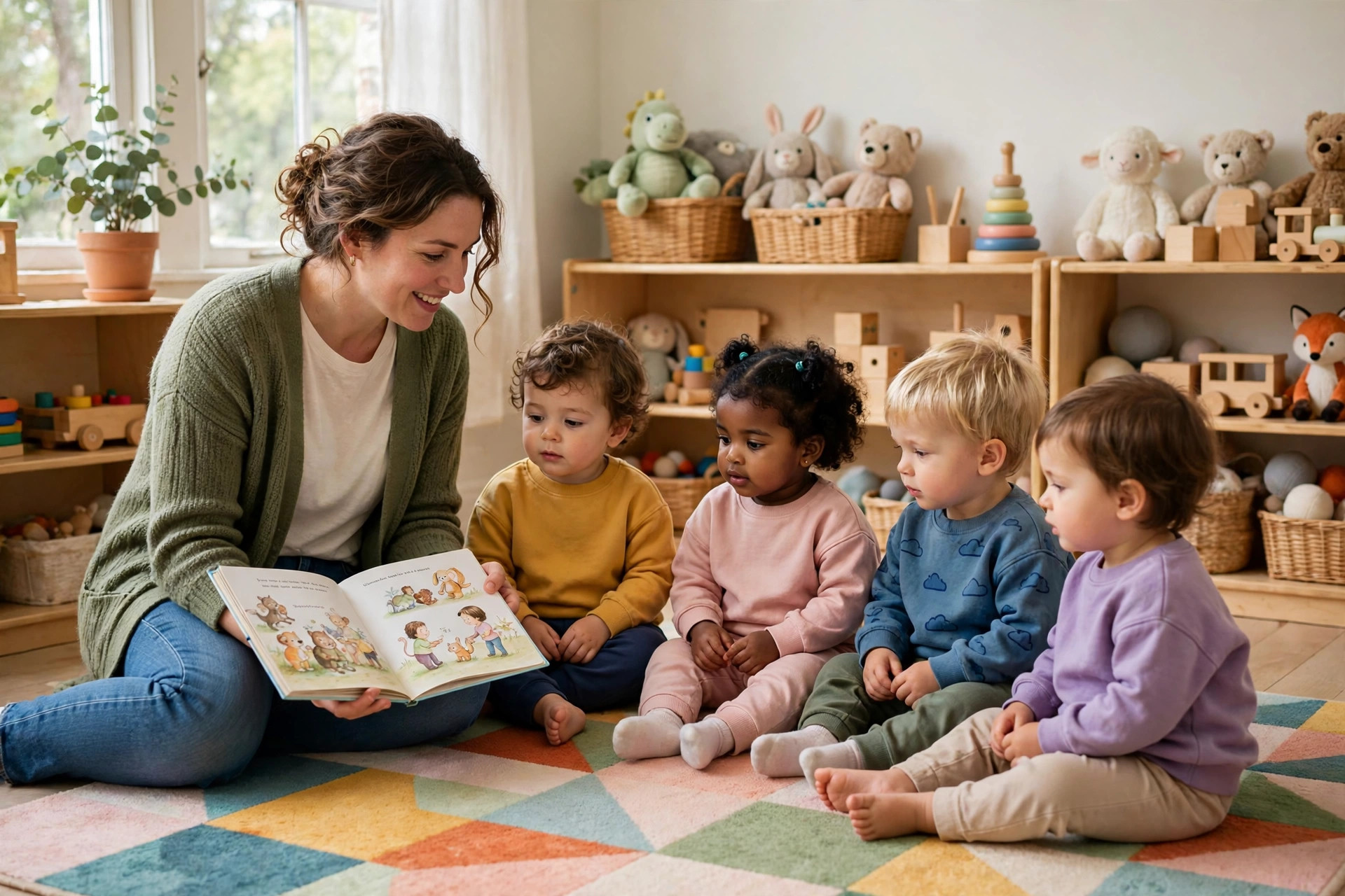 Caregiver reading to toddlers seated on a colorful rug in a bright daycare classroom with toys and low shelves