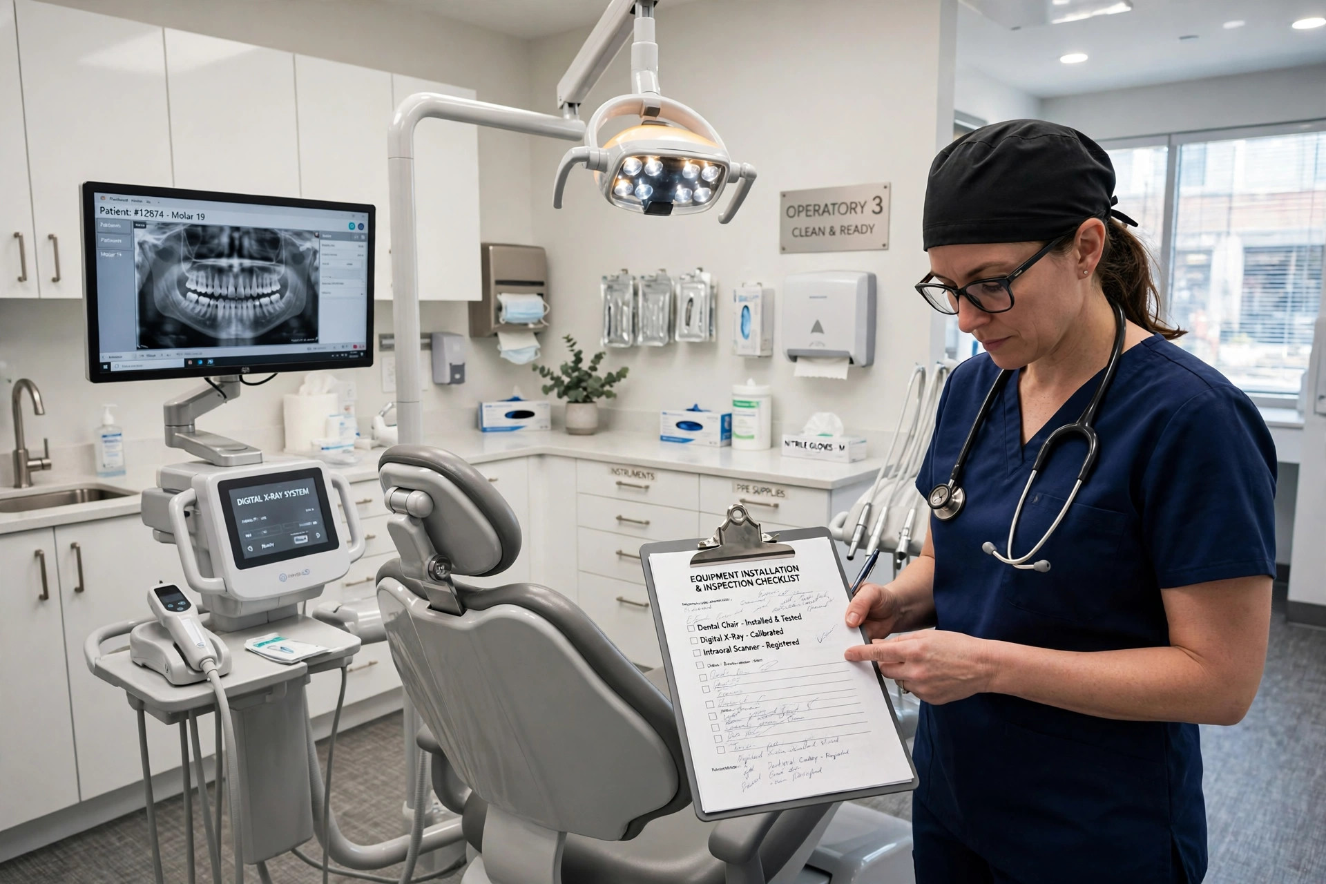 Modern dental operatory with a new dental chair and digital imaging equipment, a dentist in scrubs reviewing equipment paperwork beside the chair