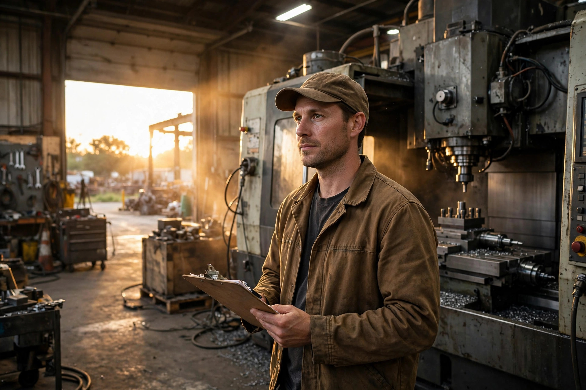 Shop owner with a clipboard standing in front of an industrial CNC machine in a sunlit workshop