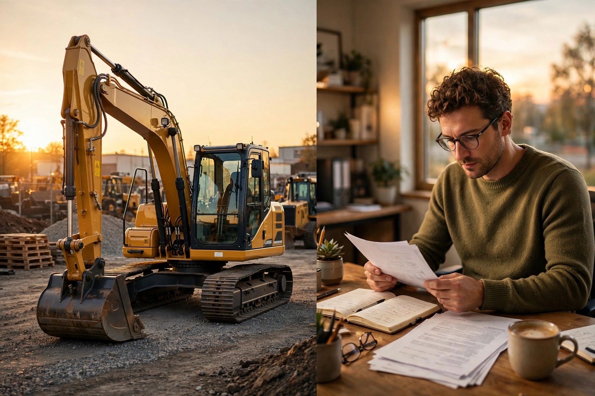 Split scene: a yellow excavator in a contractor's equipment yard at golden hour, beside a small-business owner reviewing funding documents at a desk