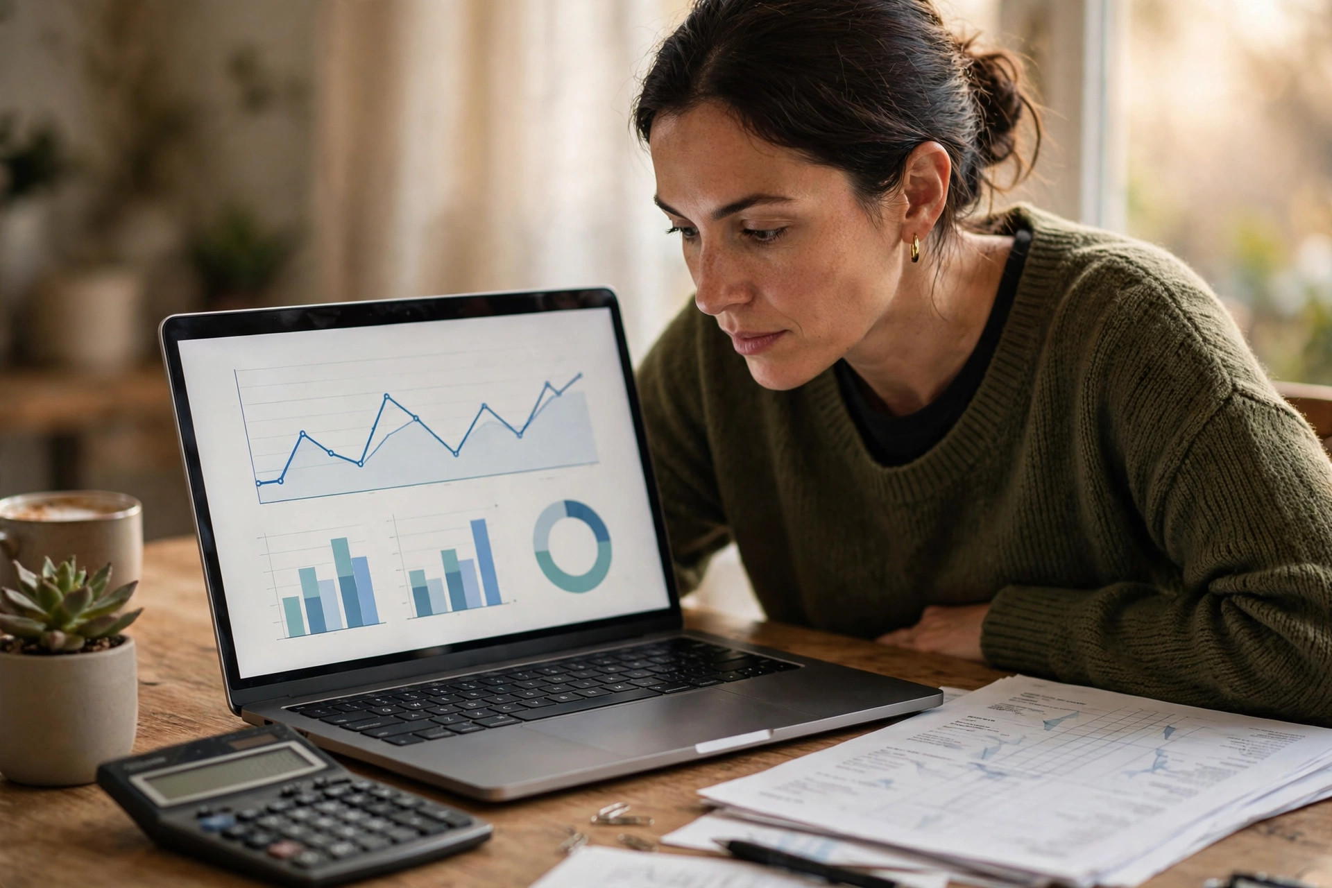 Small business owner reviewing a line-of-credit dashboard on a laptop with a calculator and printed bank statements on the desk
