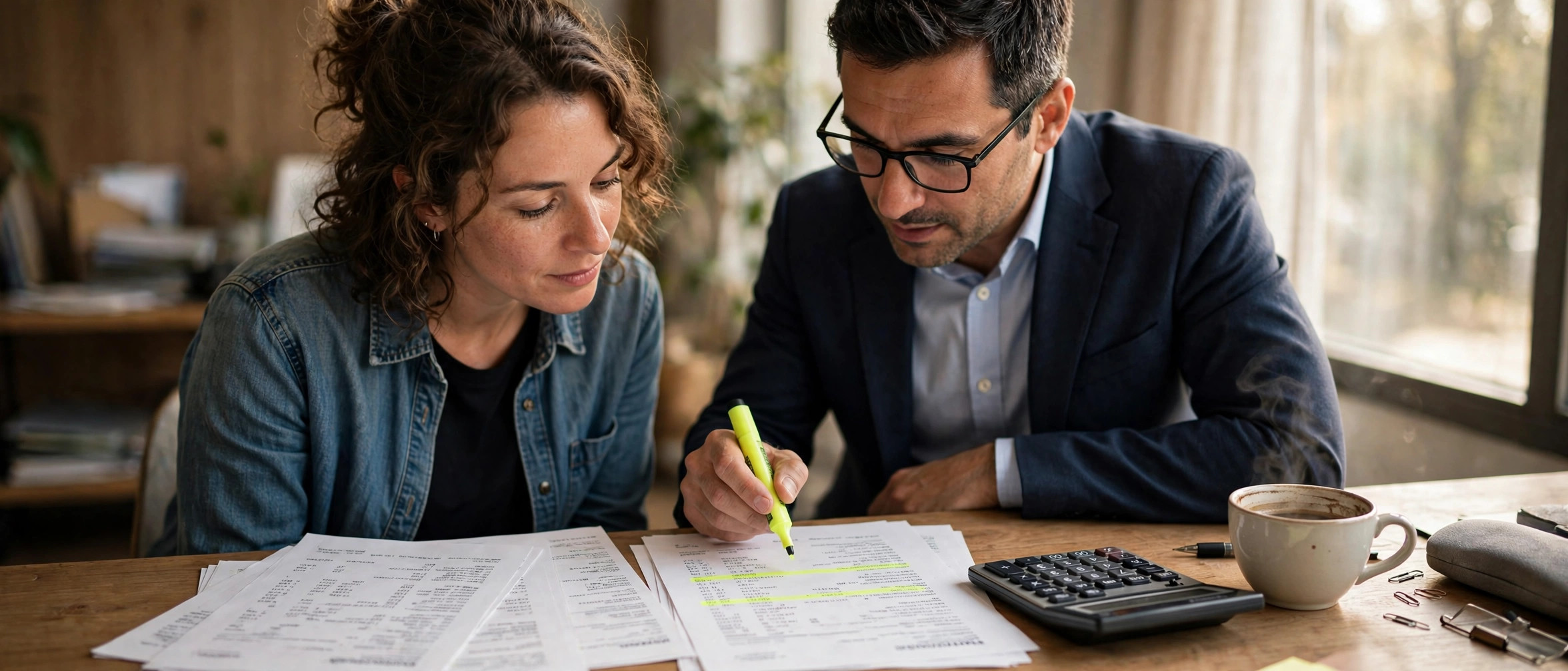 Small business owner and funding advisor reviewing printed bank statements at a wooden desk, highlighter and calculator nearby