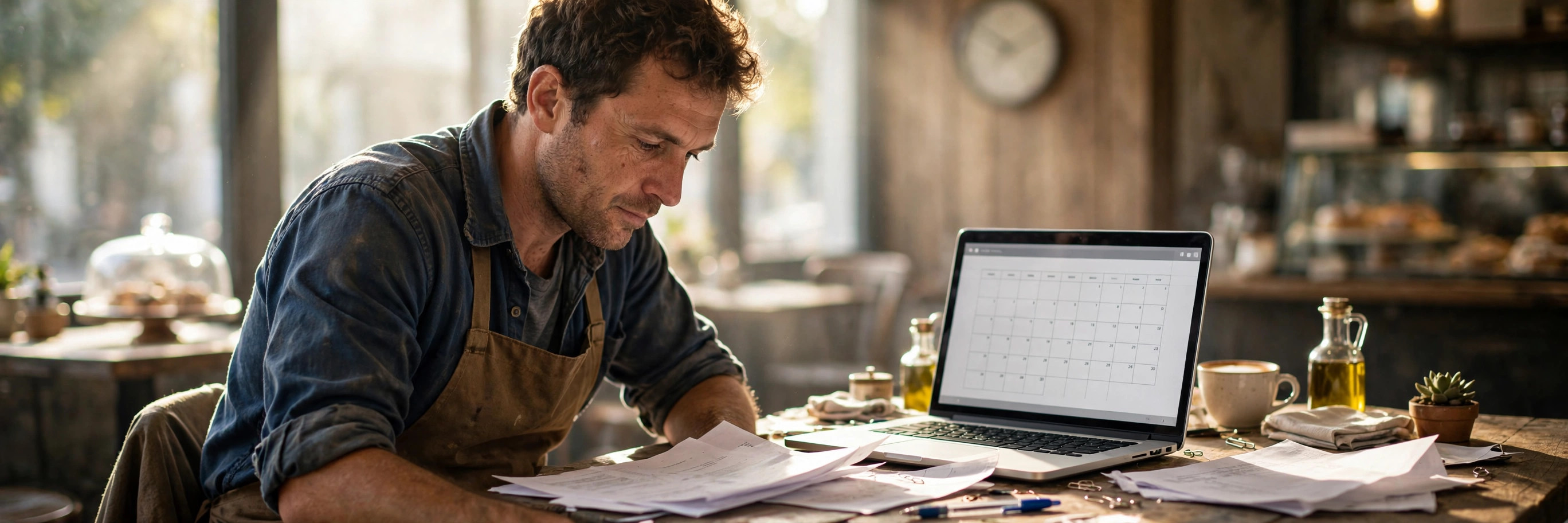 Small business owner reviewing funding paperwork and a calendar at a sunlit cafe table