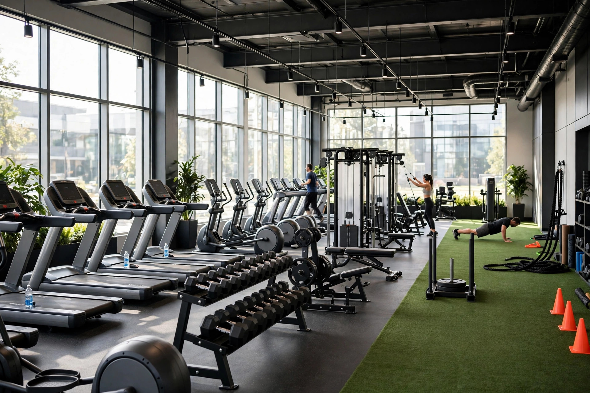 Modern commercial gym interior with rows of cardio machines, strength equipment, and a turf training zone