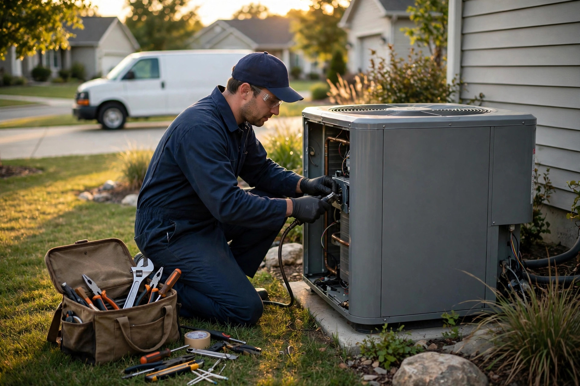 HVAC technician in a navy work uniform servicing an outdoor air conditioning unit at a suburban home, with a white service van in the driveway