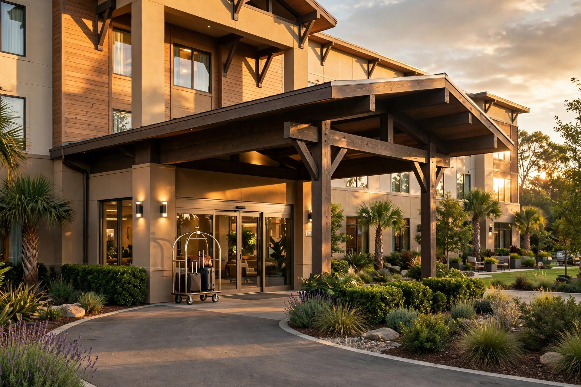 Hotel entrance with a covered canopy and a luggage cart beside glass doors at golden hour