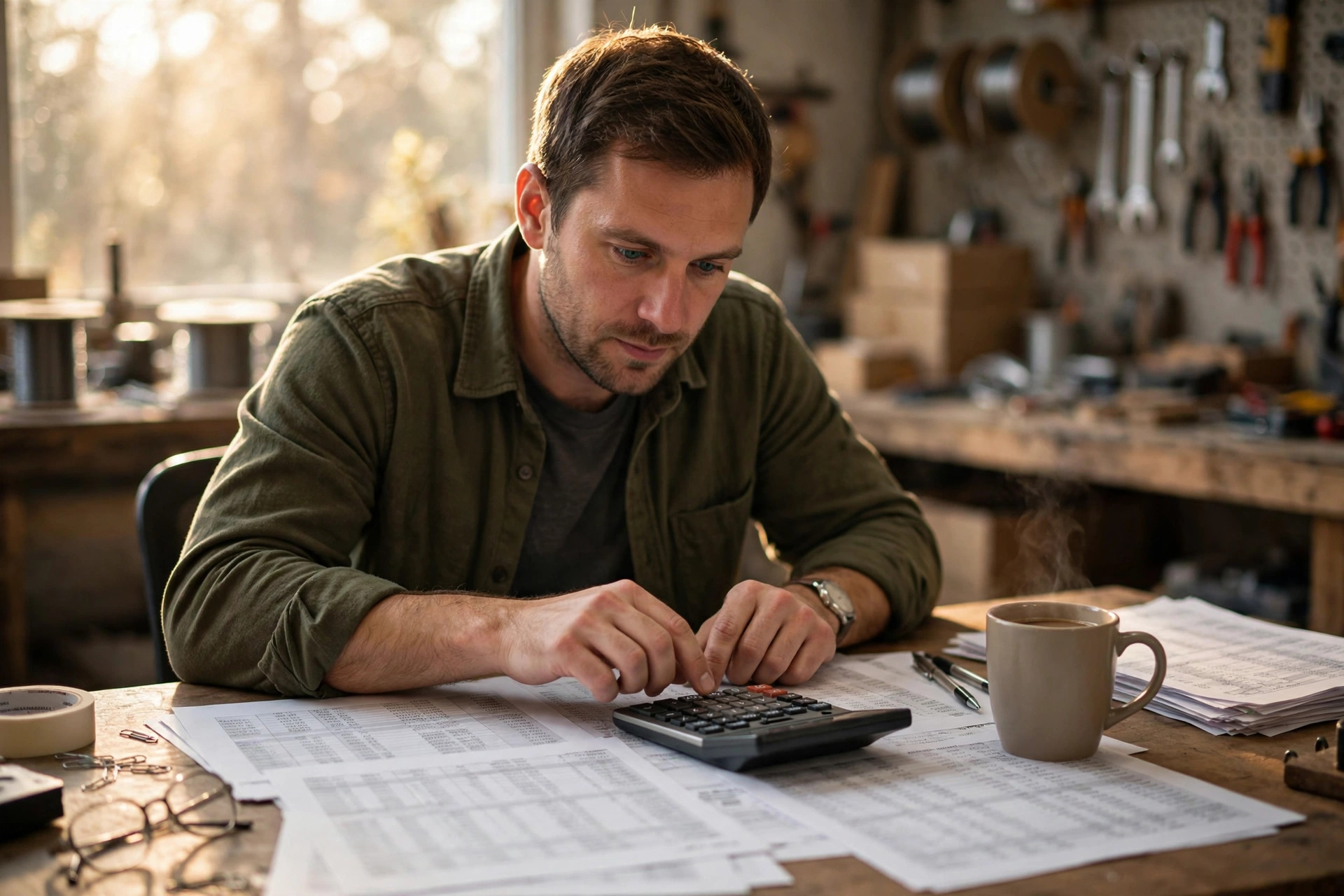 Small business owner in a workshop office reviewing financial spreadsheets with a calculator and coffee, morning light