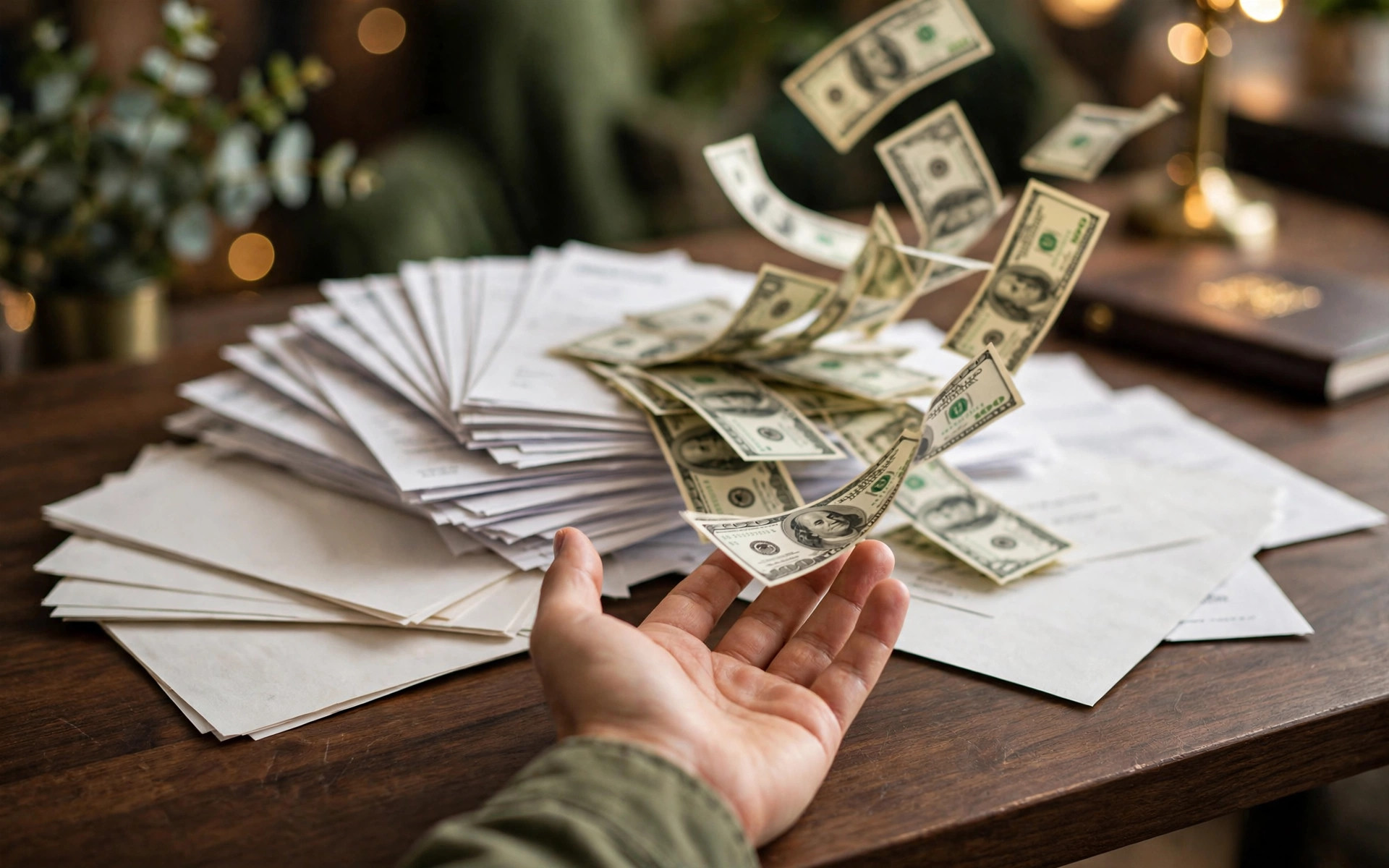 Fanned stack of business invoices on a dark wooden desk with dollar bills flowing out of them toward a business owner's outstretched hand