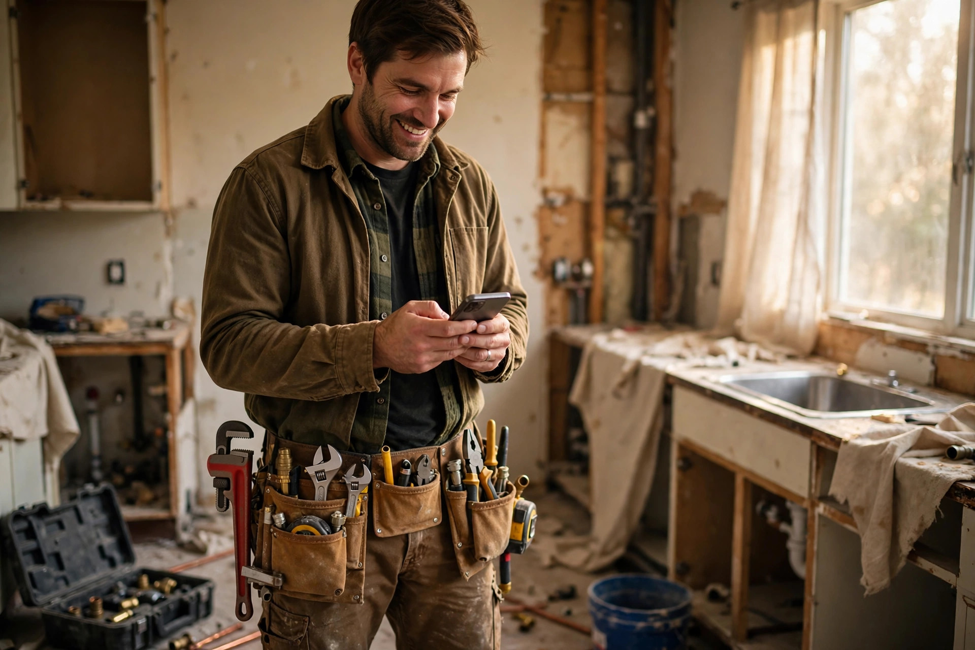 Self-employed plumber in work clothes reviewing an invoice on his smartphone during a residential kitchen renovation