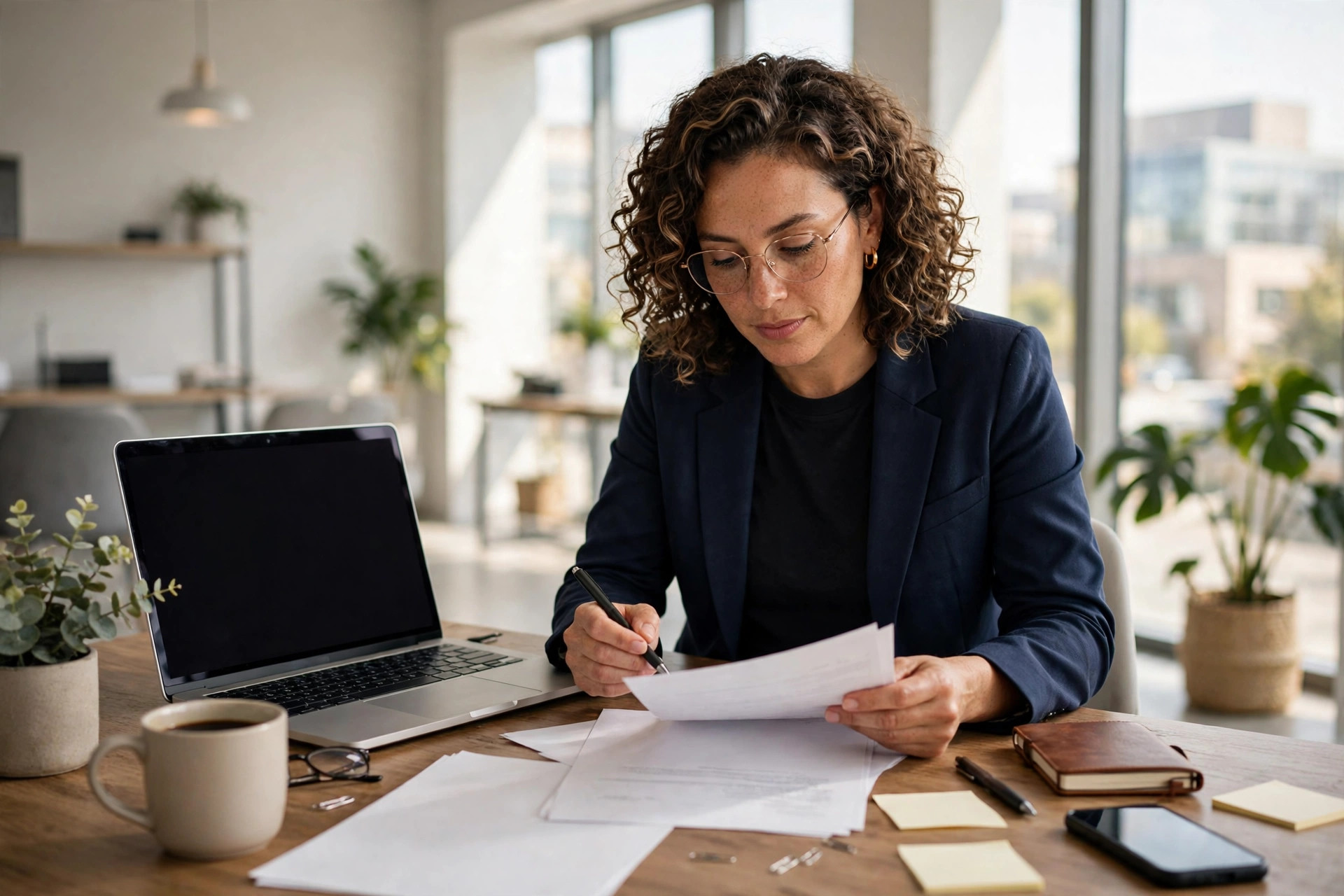 Confident small business owner reviewing financing paperwork in a bright modern office, laptop open on the desk