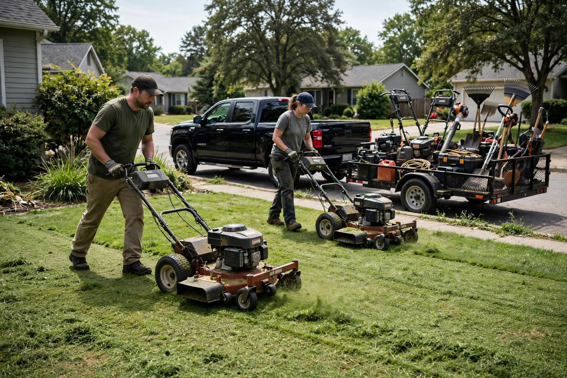 Landscaping crew operating commercial walk-behind mowers on a residential lawn with a work truck and equipment trailer parked nearby