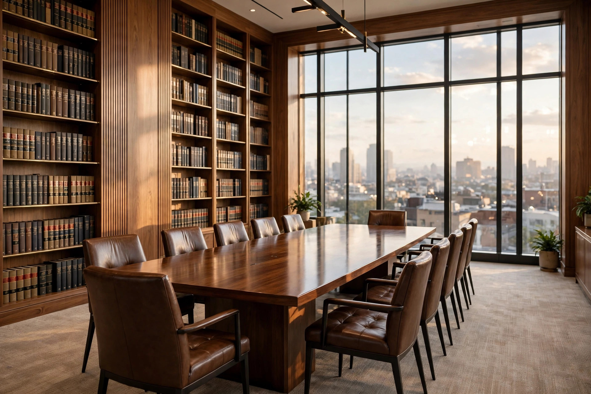 Elegant law office conference room with a long wood table, leather chairs, floor-to-ceiling legal bookshelves, and tall windows with a city view