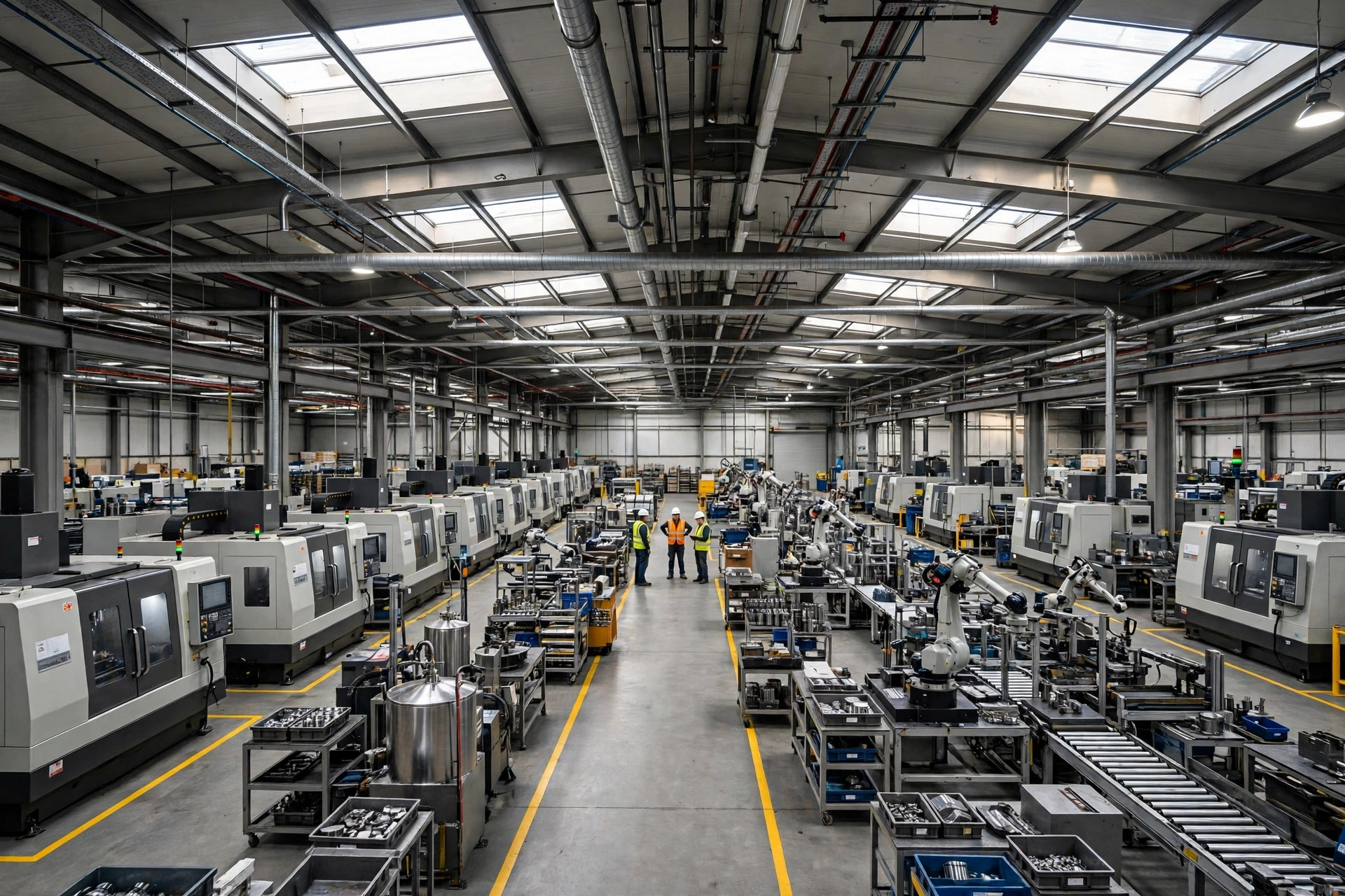 Modern American manufacturing floor with rows of CNC machines, robotic assembly equipment, and workers in safety gear