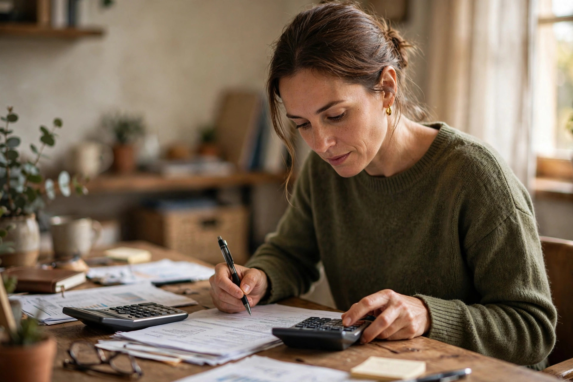 Small business owner working through financing numbers with a calculator and paperwork on her desk