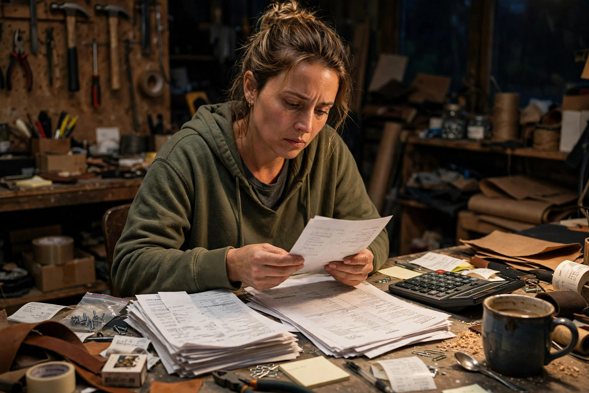 Small business owner at a cluttered workshop desk late at night reviewing a stack of bills and bank statements, calculator and coffee mug nearby