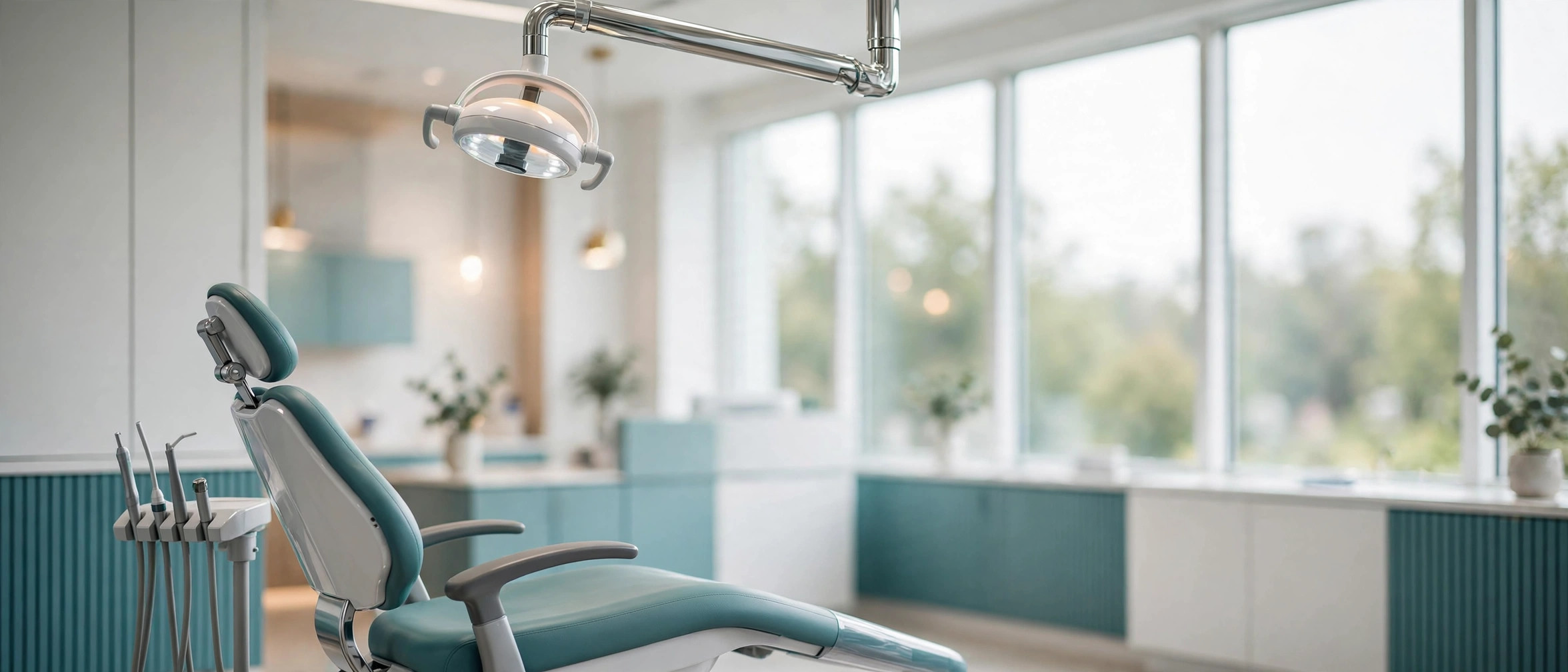 Modern dental practice operatory with dental chair and overhead light