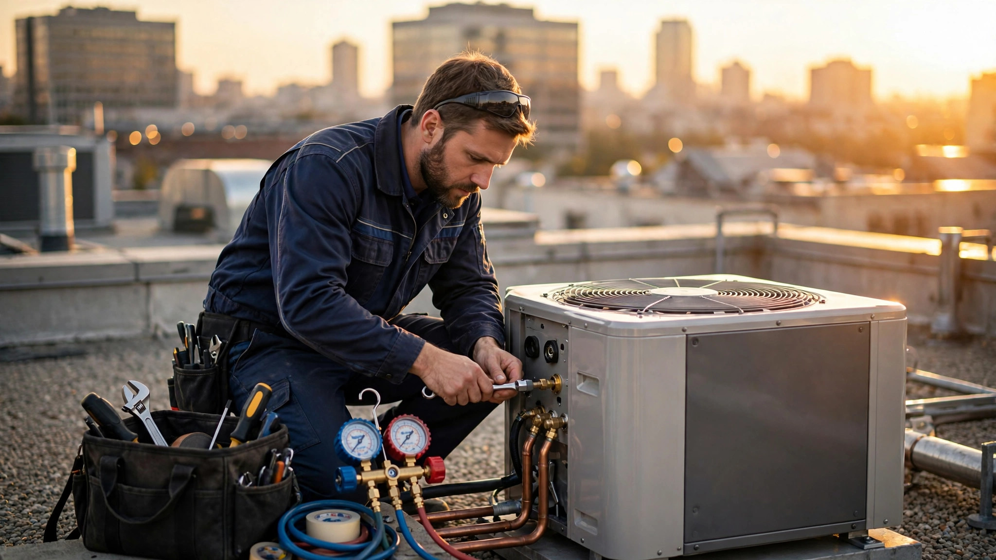 HVAC technician installing a modern air conditioning unit beside a commercial building