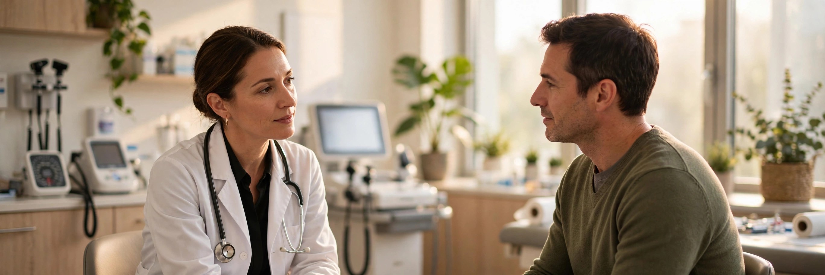 Doctor consulting with a patient in a bright, modern medical examination room