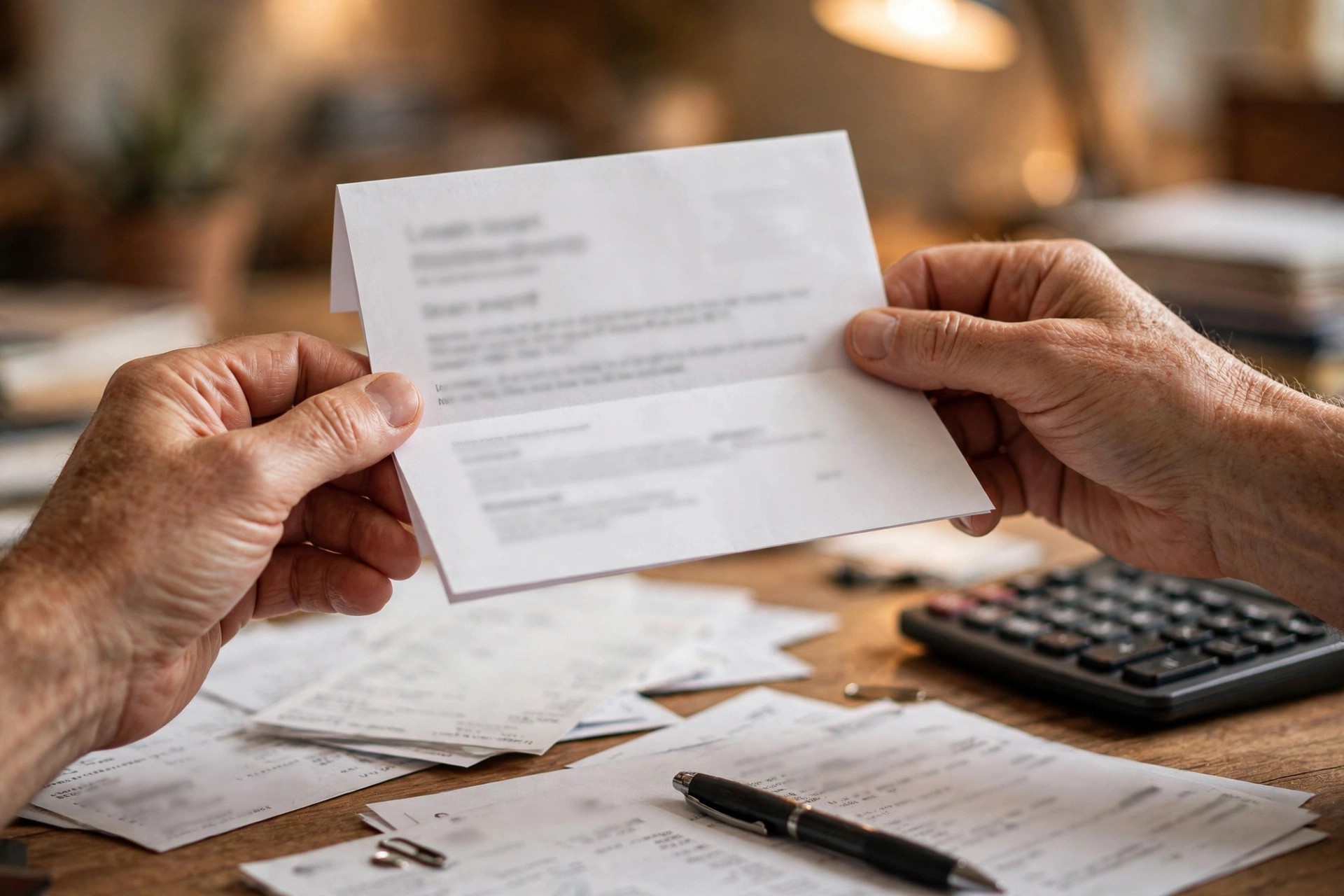Business owner's hands holding a folded payoff letter over a desk covered in funding documents, with a pen and calculator nearby