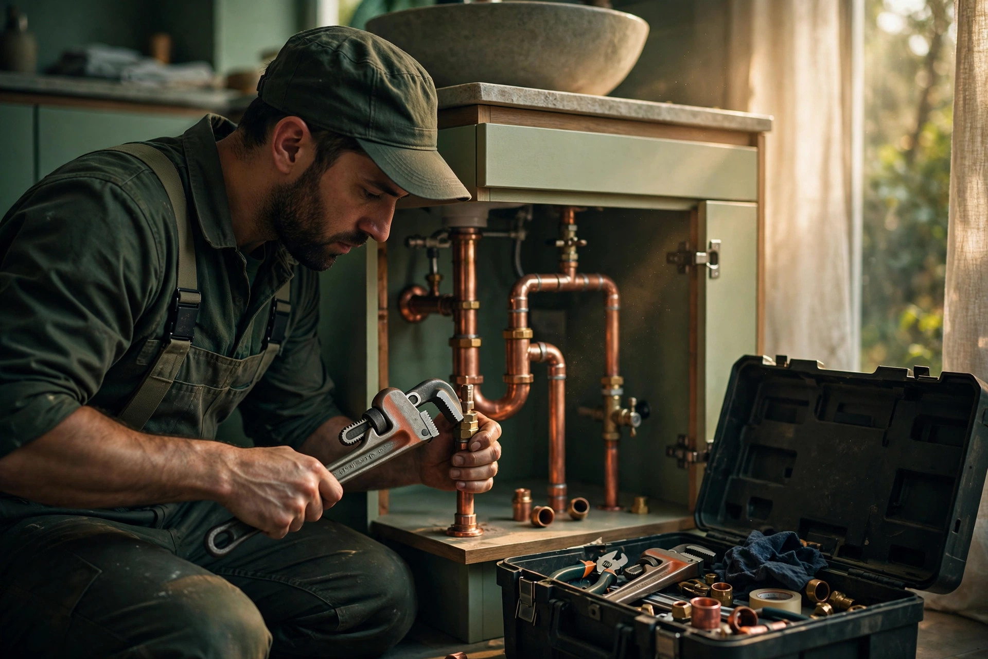 Plumber installing copper piping under a bathroom sink, toolbox and wrenches visible