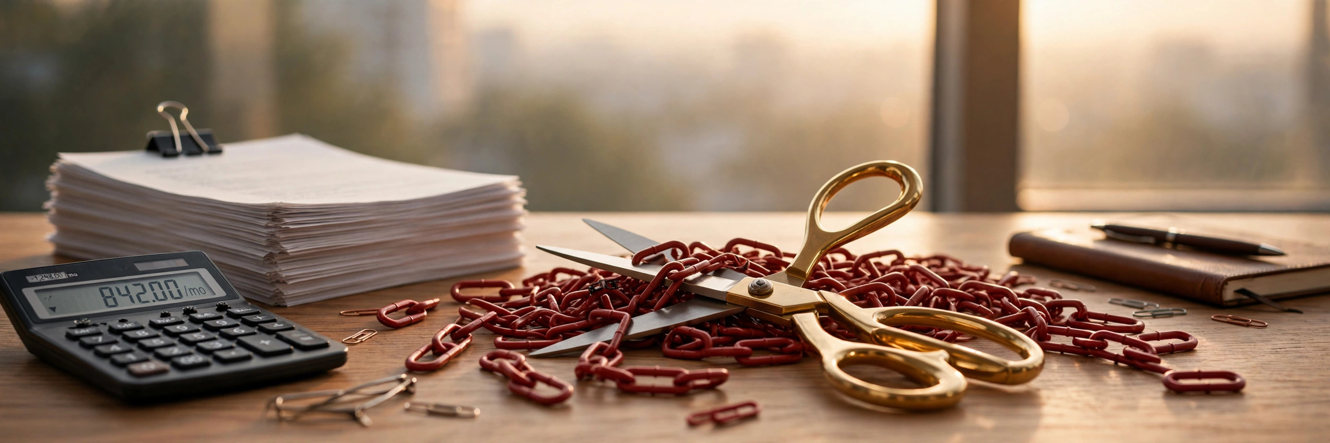 Brass scissors cutting through tangled red chains on a business owner's desk, with a stack of loan agreements and a calculator — cutting MCA debt loose