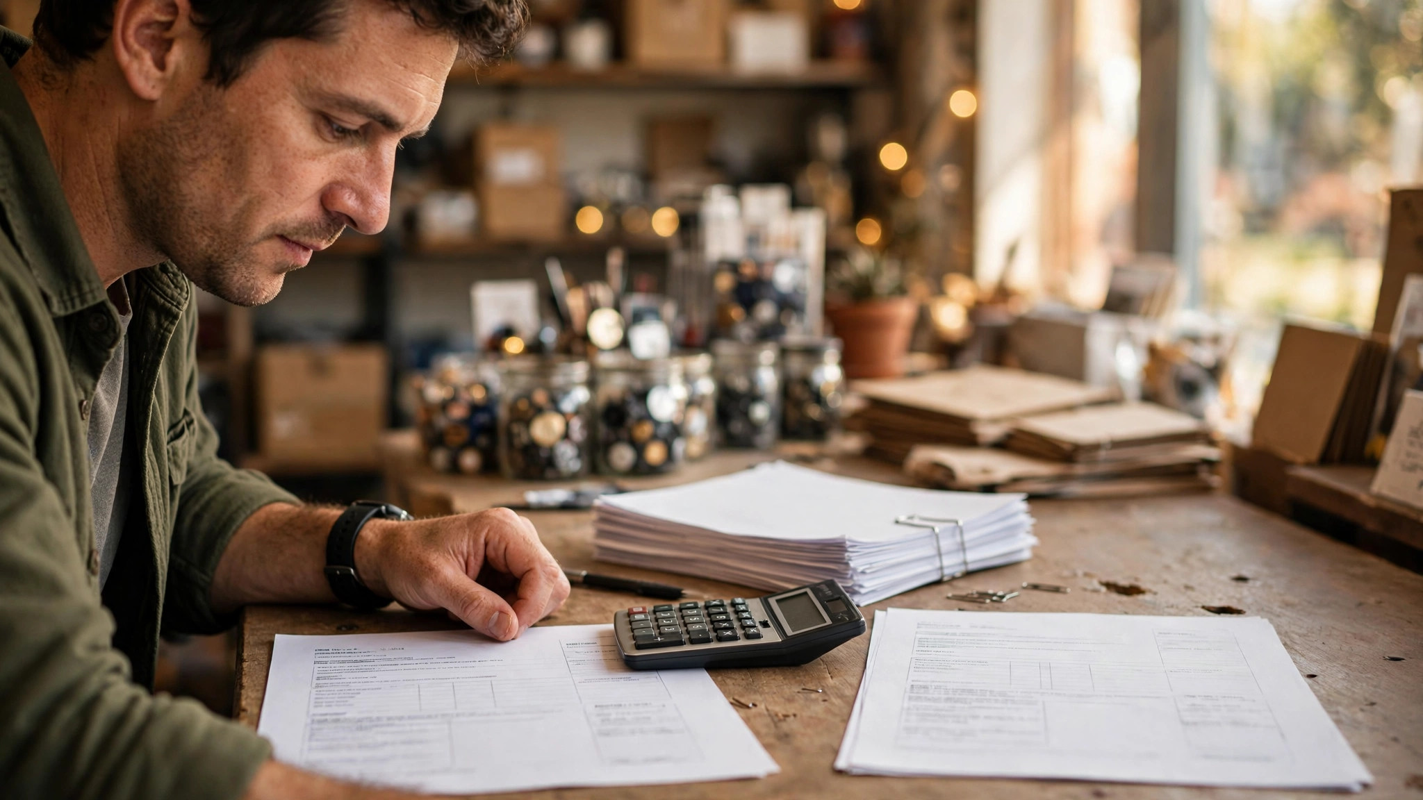 Small business owner at his shop desk comparing two funding offers side by side with a calculator